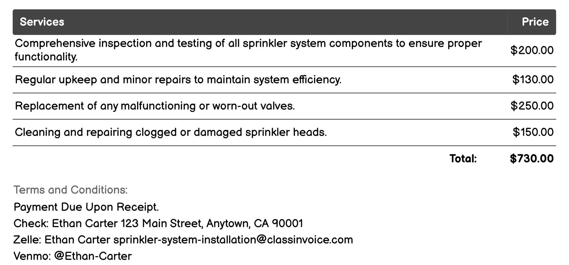 Sprinkler System Maintenance Invoice Example