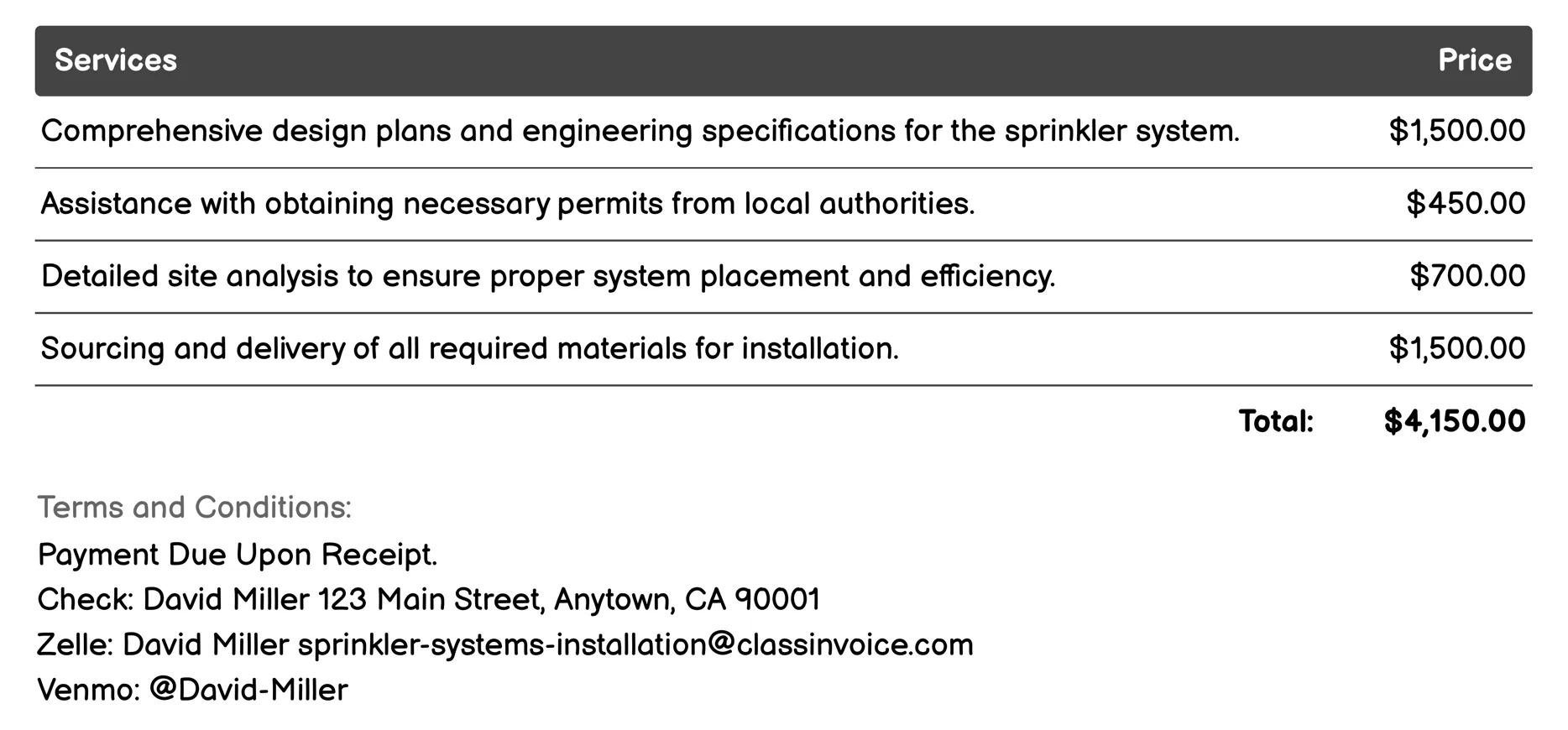 Institutional Sprinkler System Installation Invoice Example