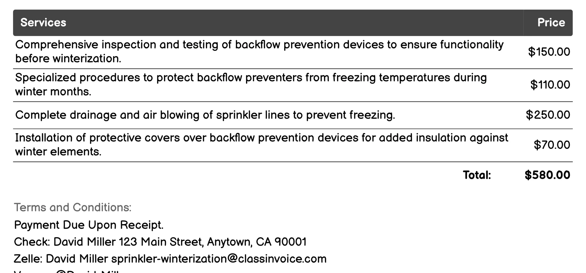 Backflow Prevention Invoice Example