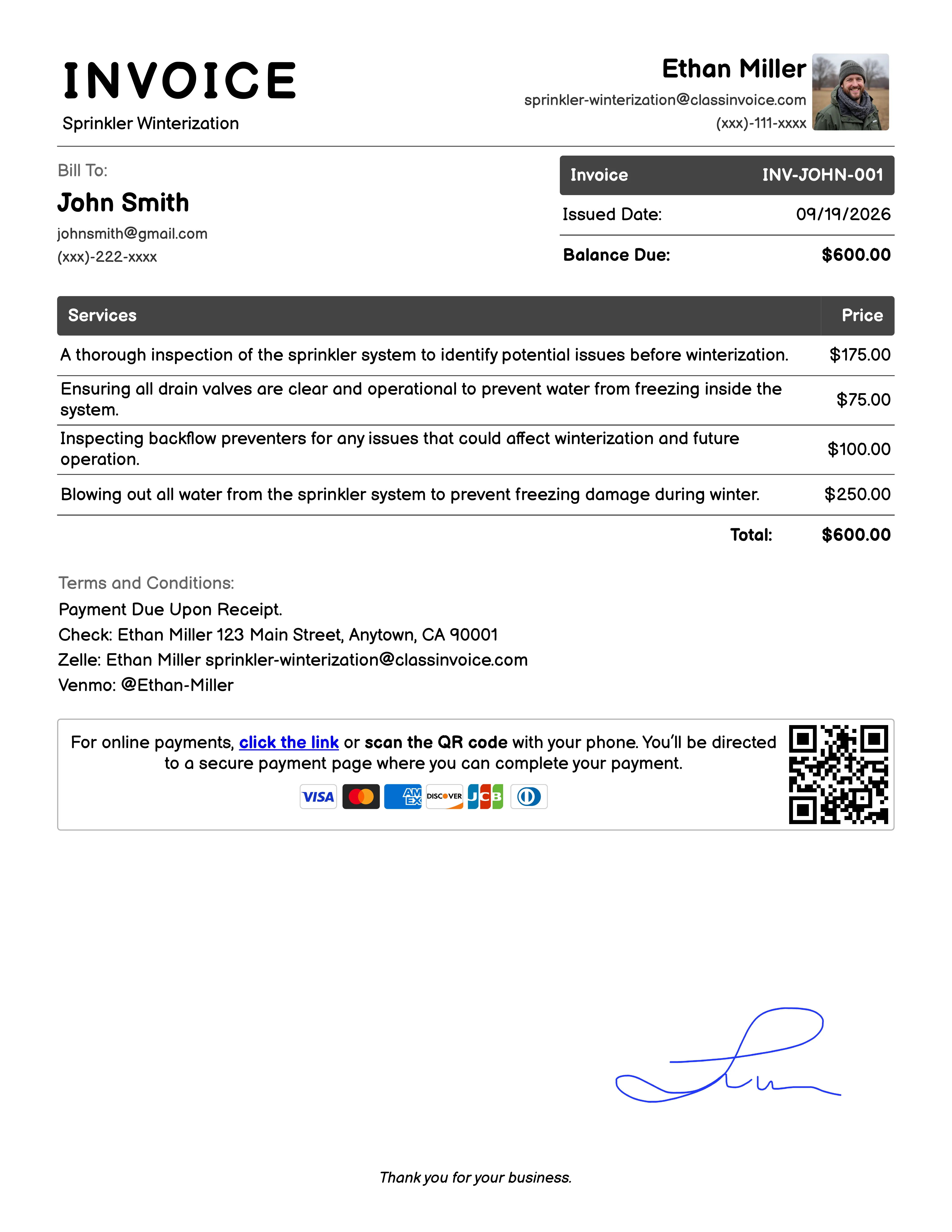 Sprinkler Winterization Invoice Example