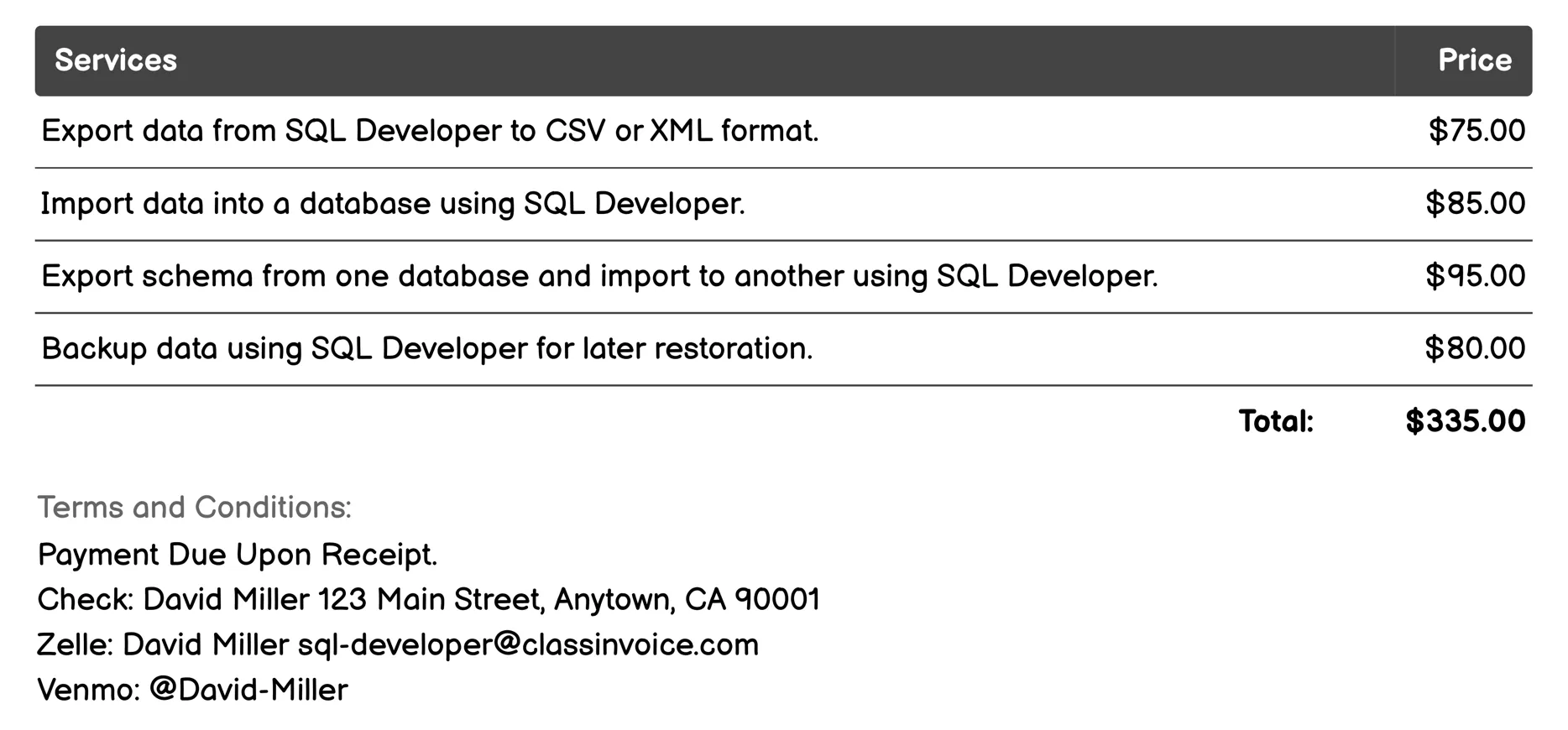 Data Export and Import Invoice Example