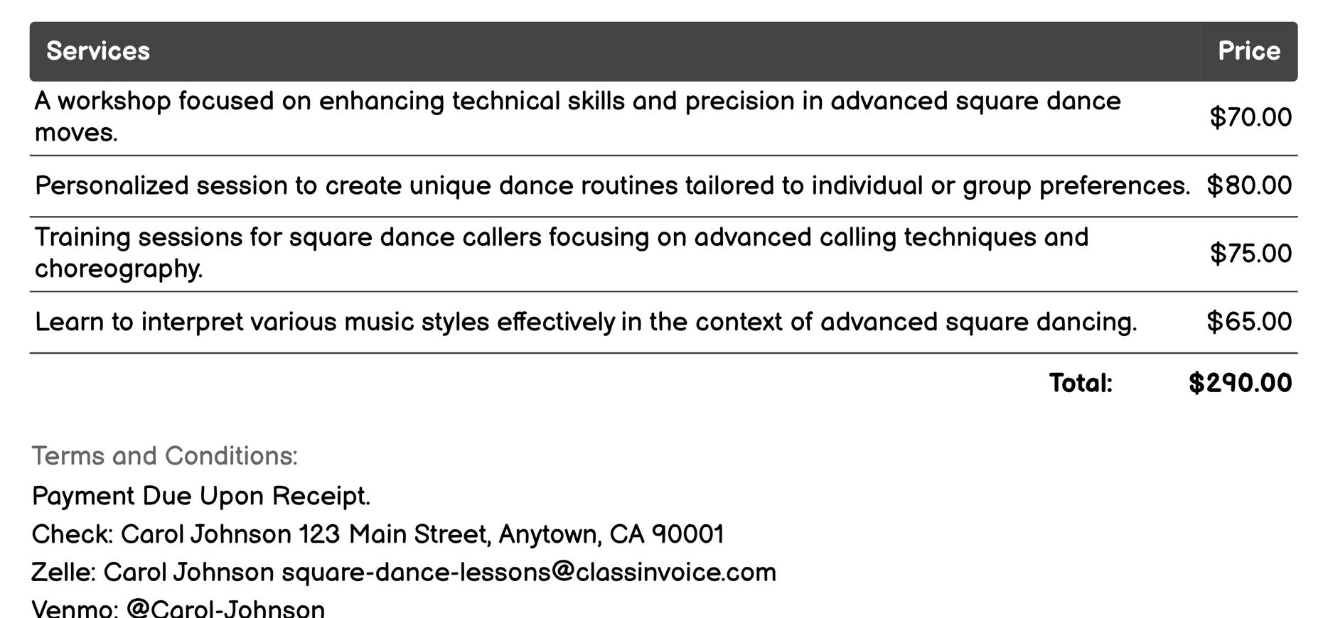 Advanced Square Dance Sessions Invoice Example