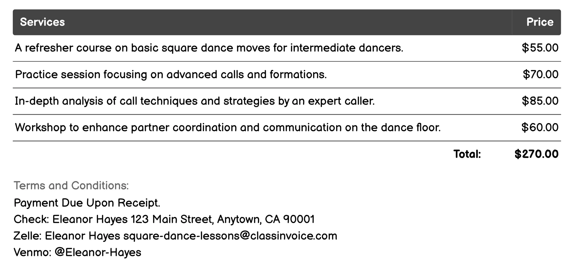 Intermediate Square Dance Workshops Invoice Example