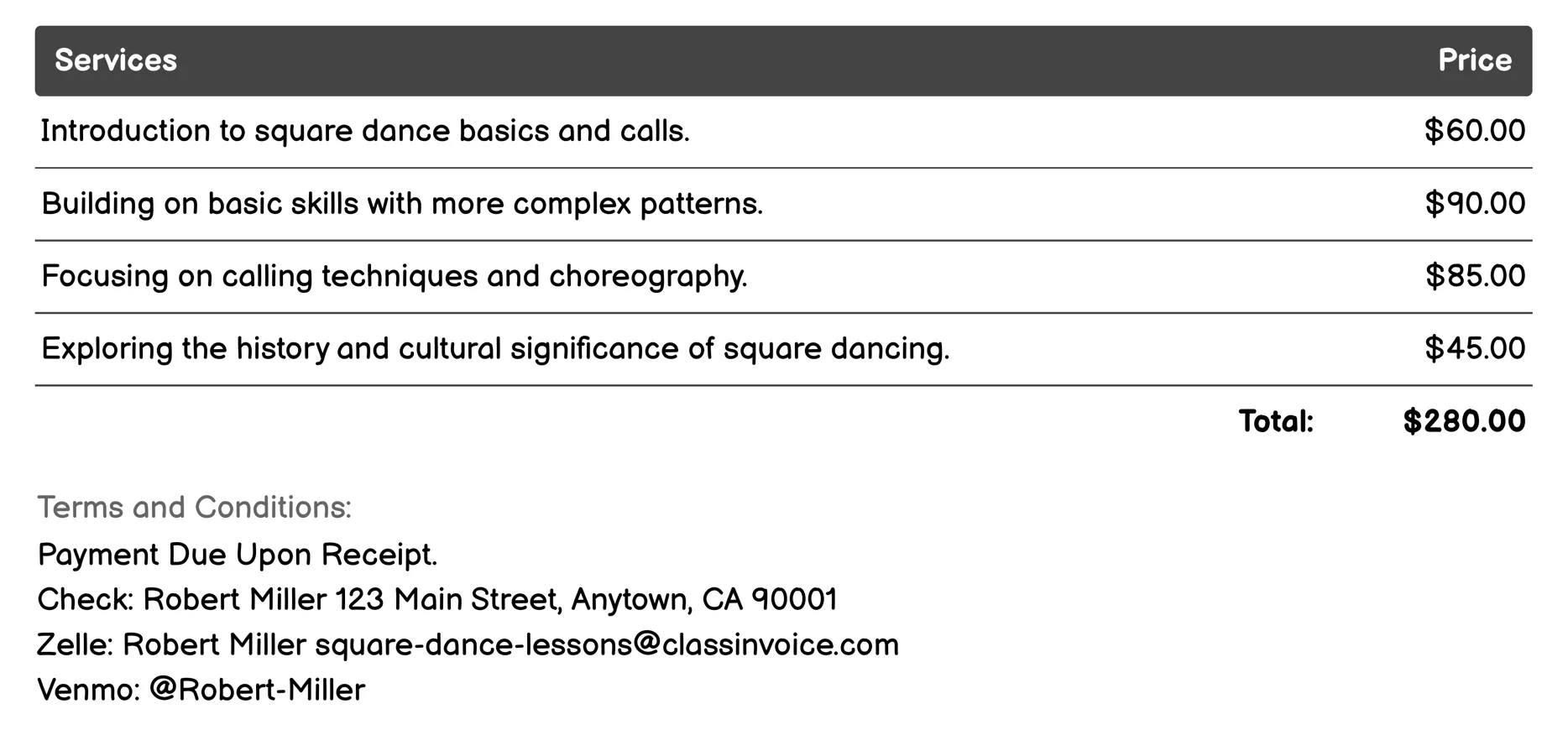 Square Dance Socials Invoice Example