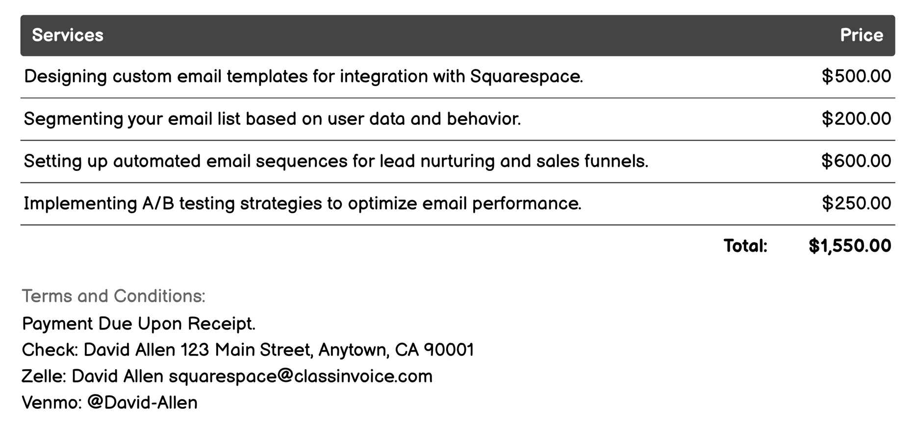 Email Marketing Invoice Example