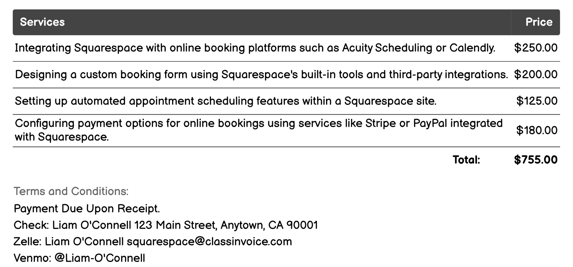 Online Booking Invoice Example