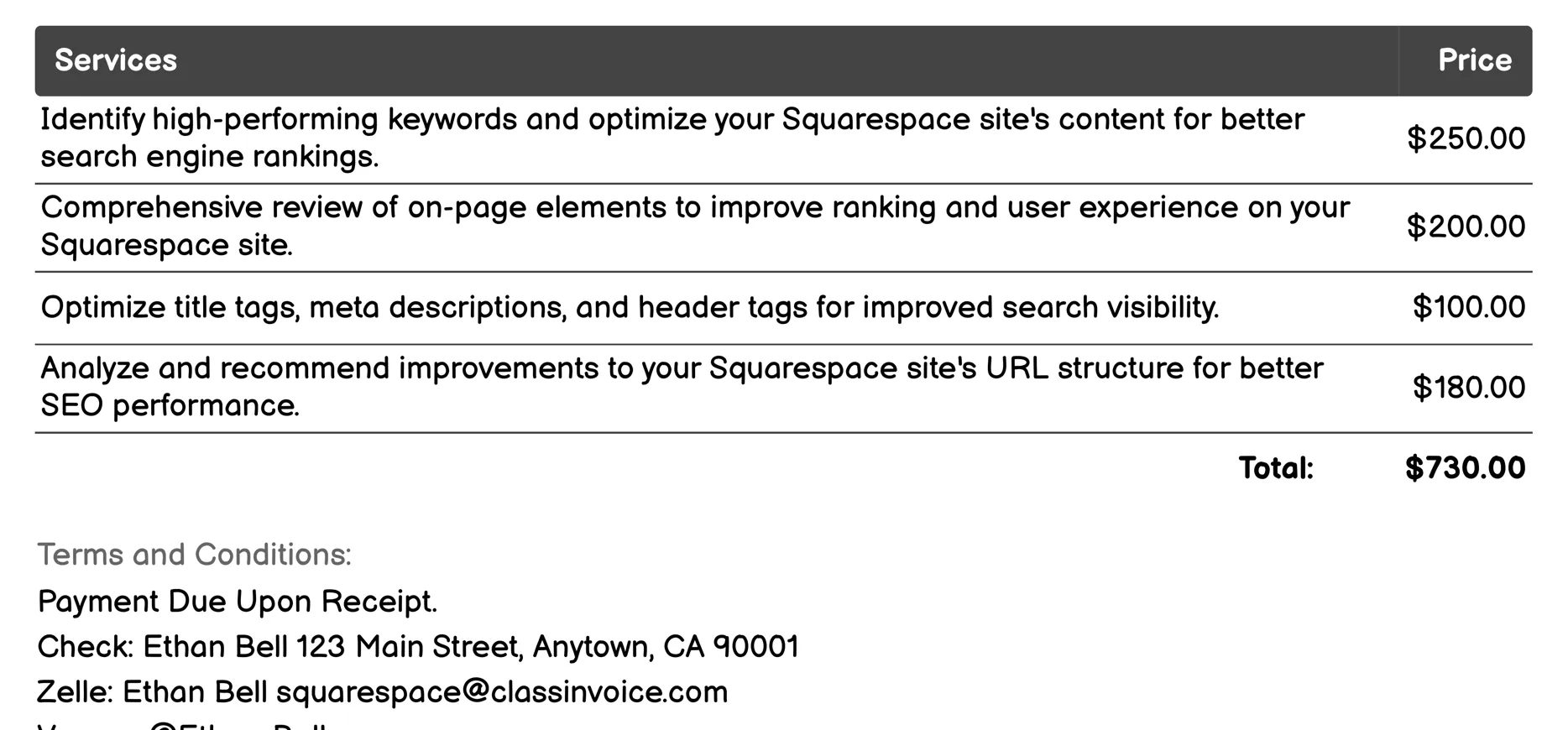 SEO Tools Invoice Example