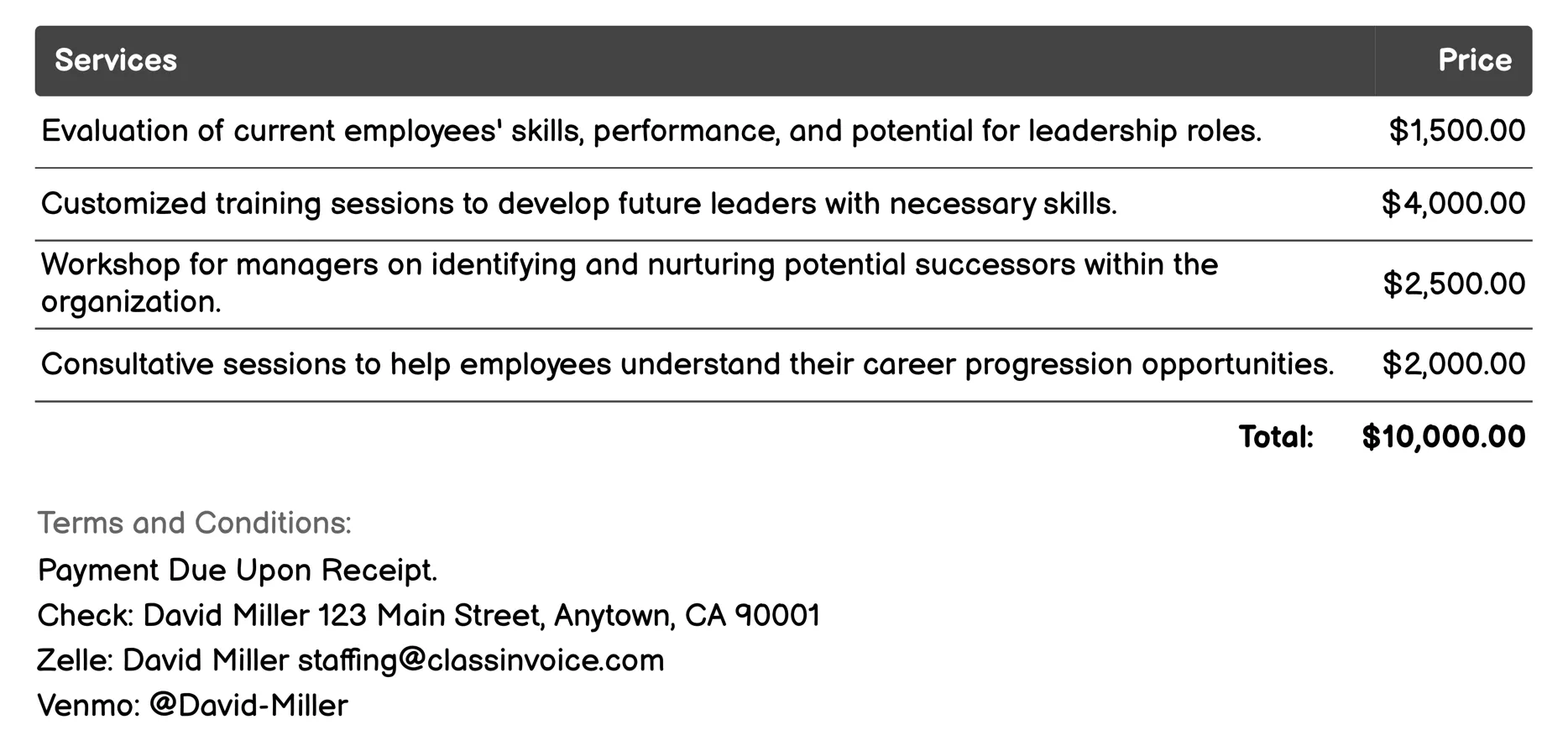 Succession Planning Invoice Example