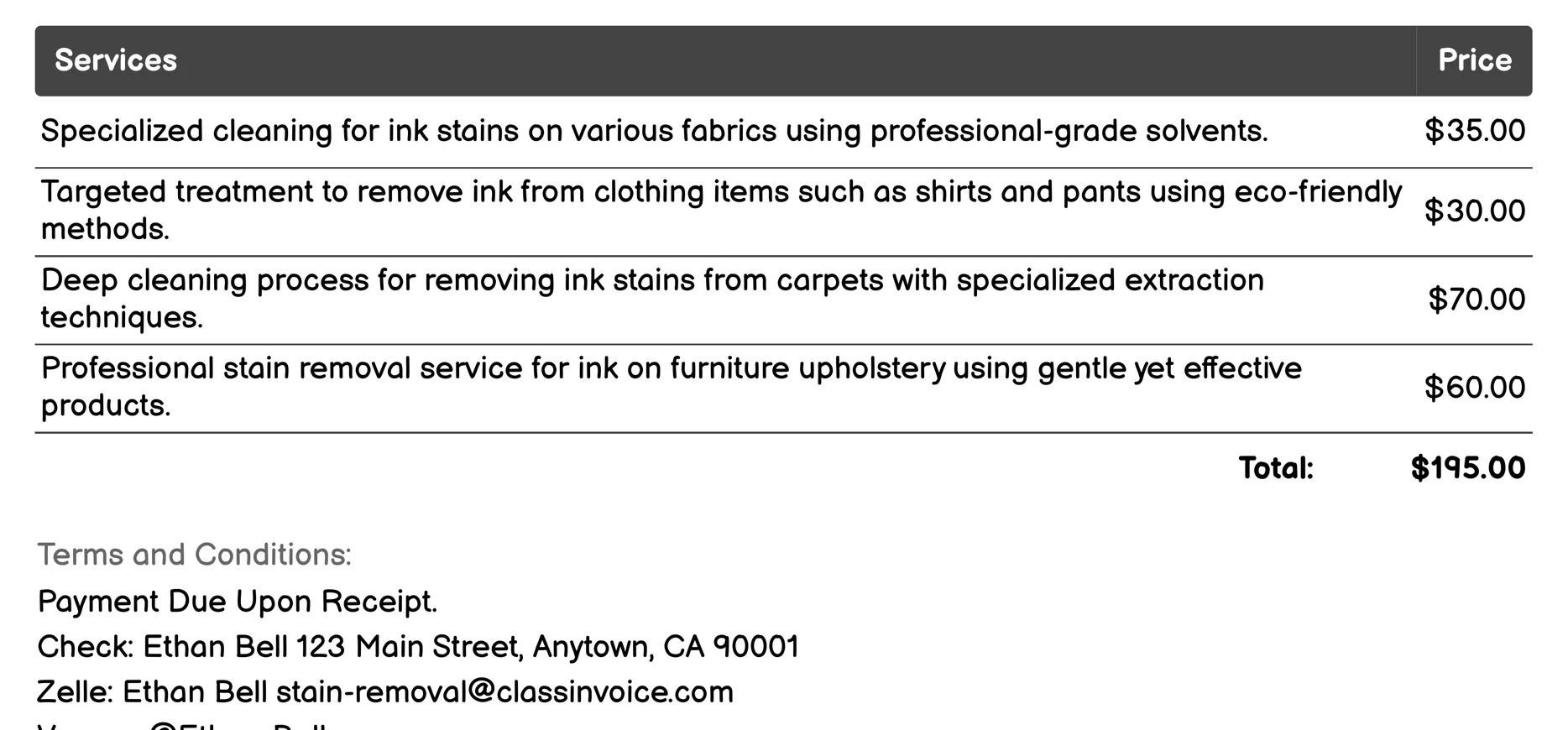 Ink Stain Removal Invoice Example