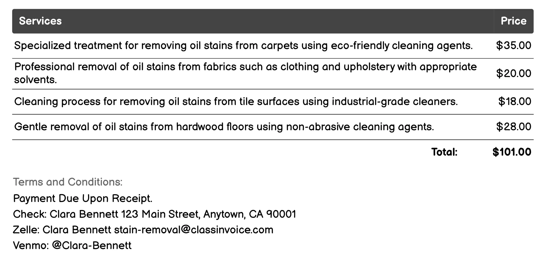 Oil Stain Removal Invoice Example