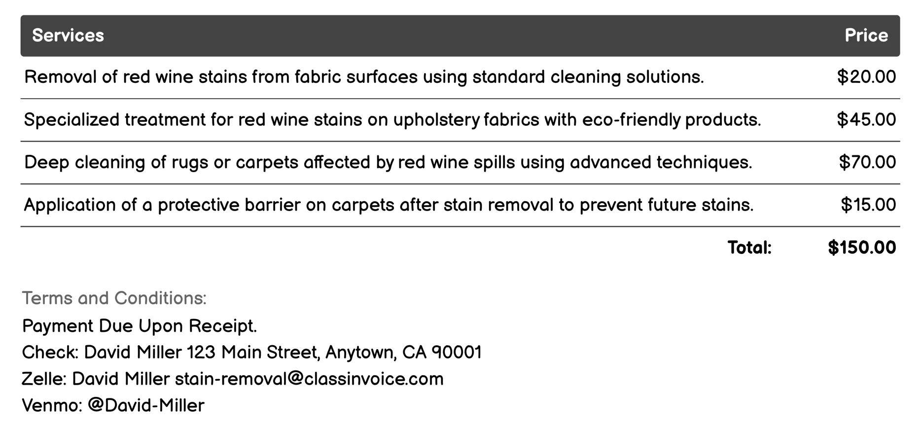 Red Wine Stain Removal Invoice Example