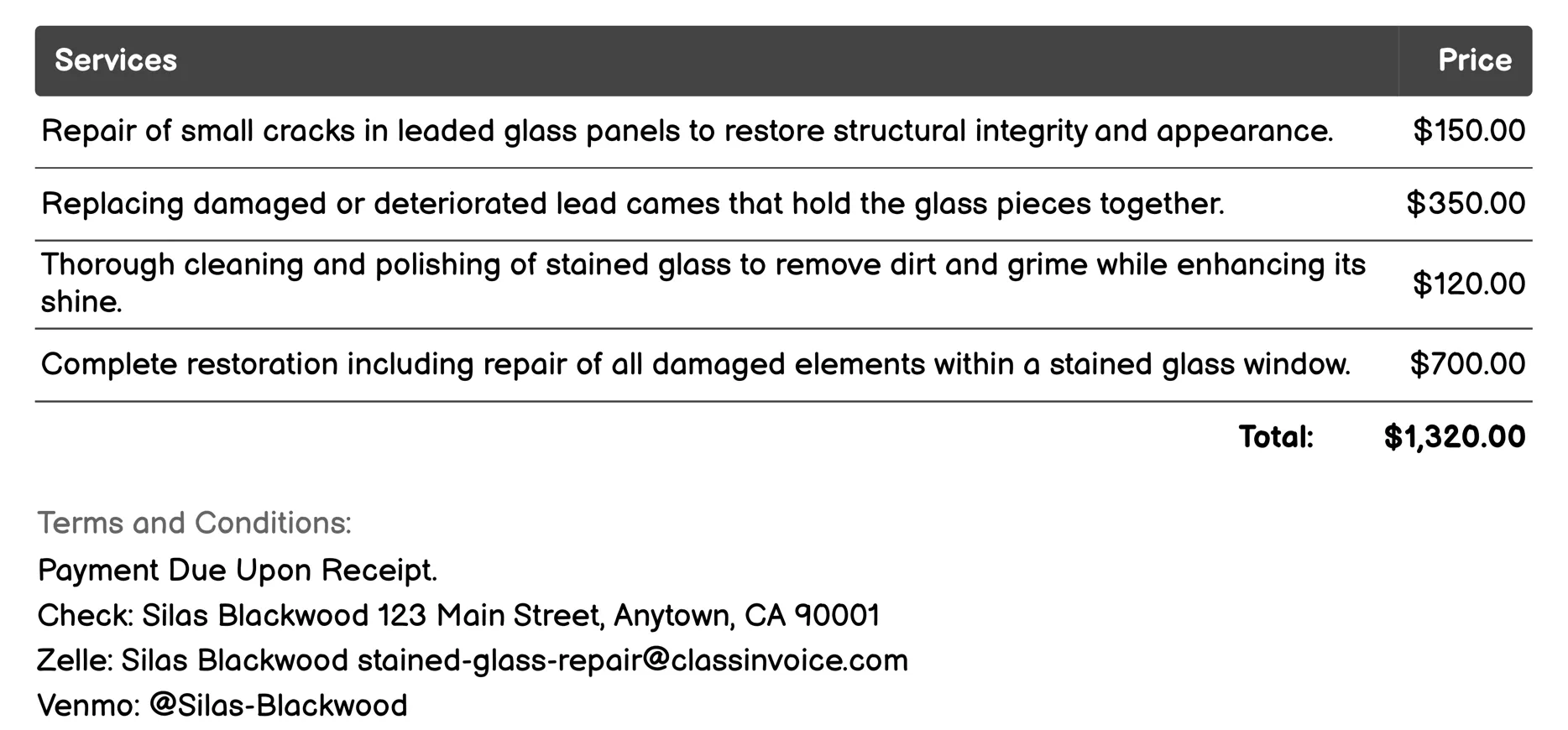 Leaded Glass Restoration Invoice Example