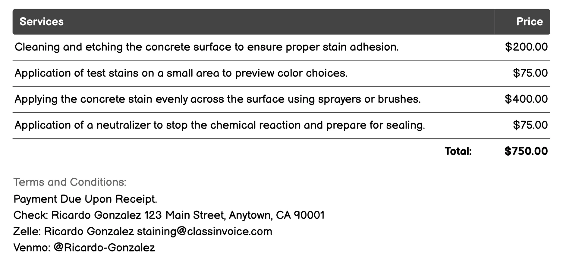Concrete Staining Invoice Example