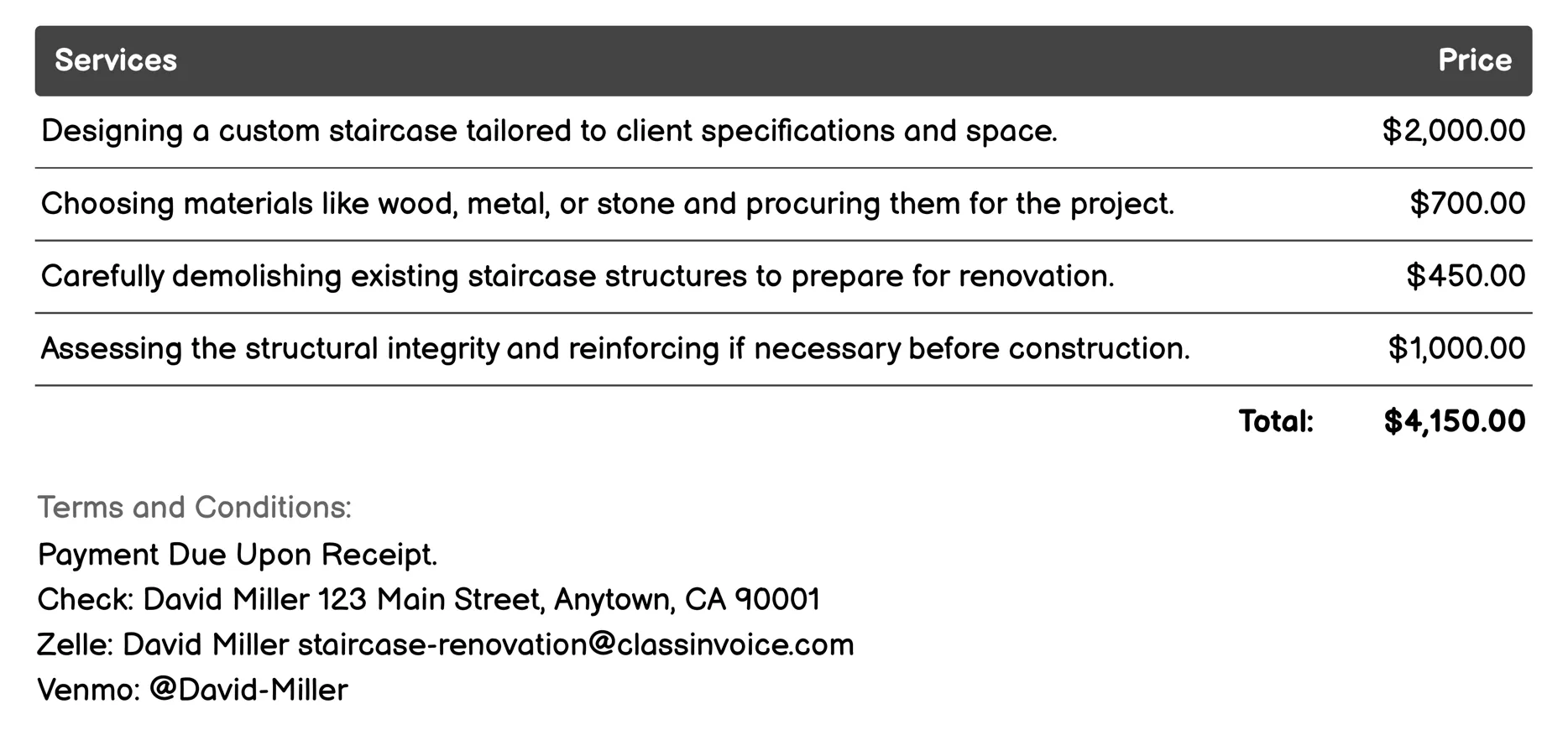 Custom Design and Build Invoice Example