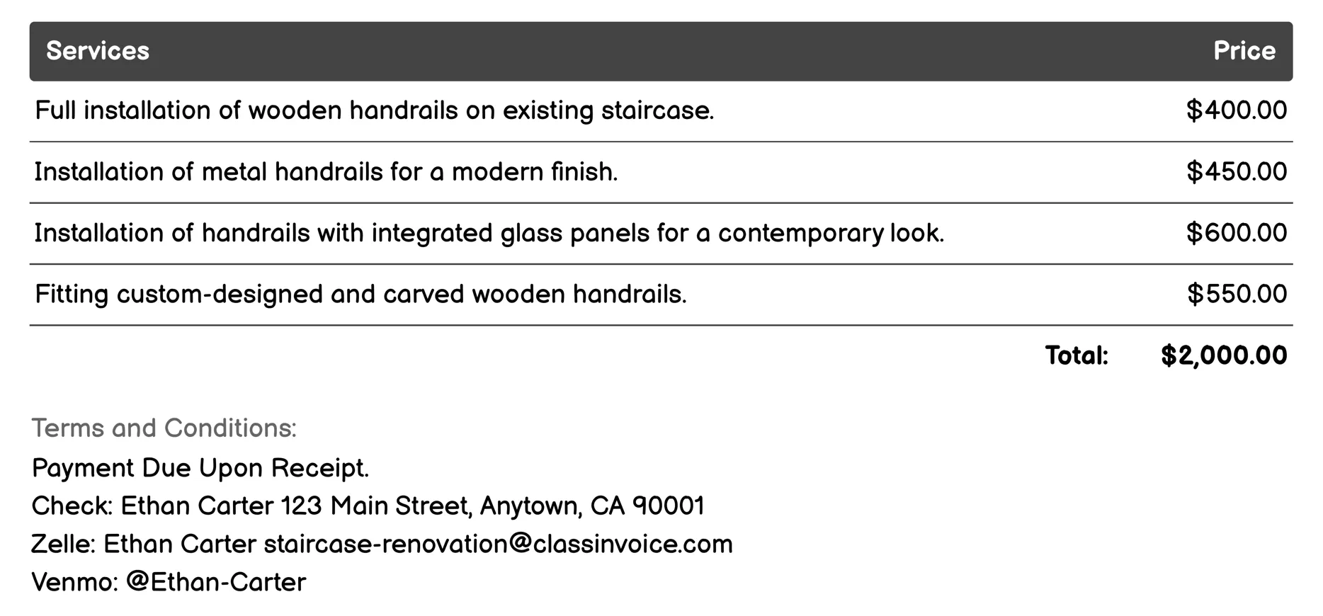Handrail Installation Invoice Example