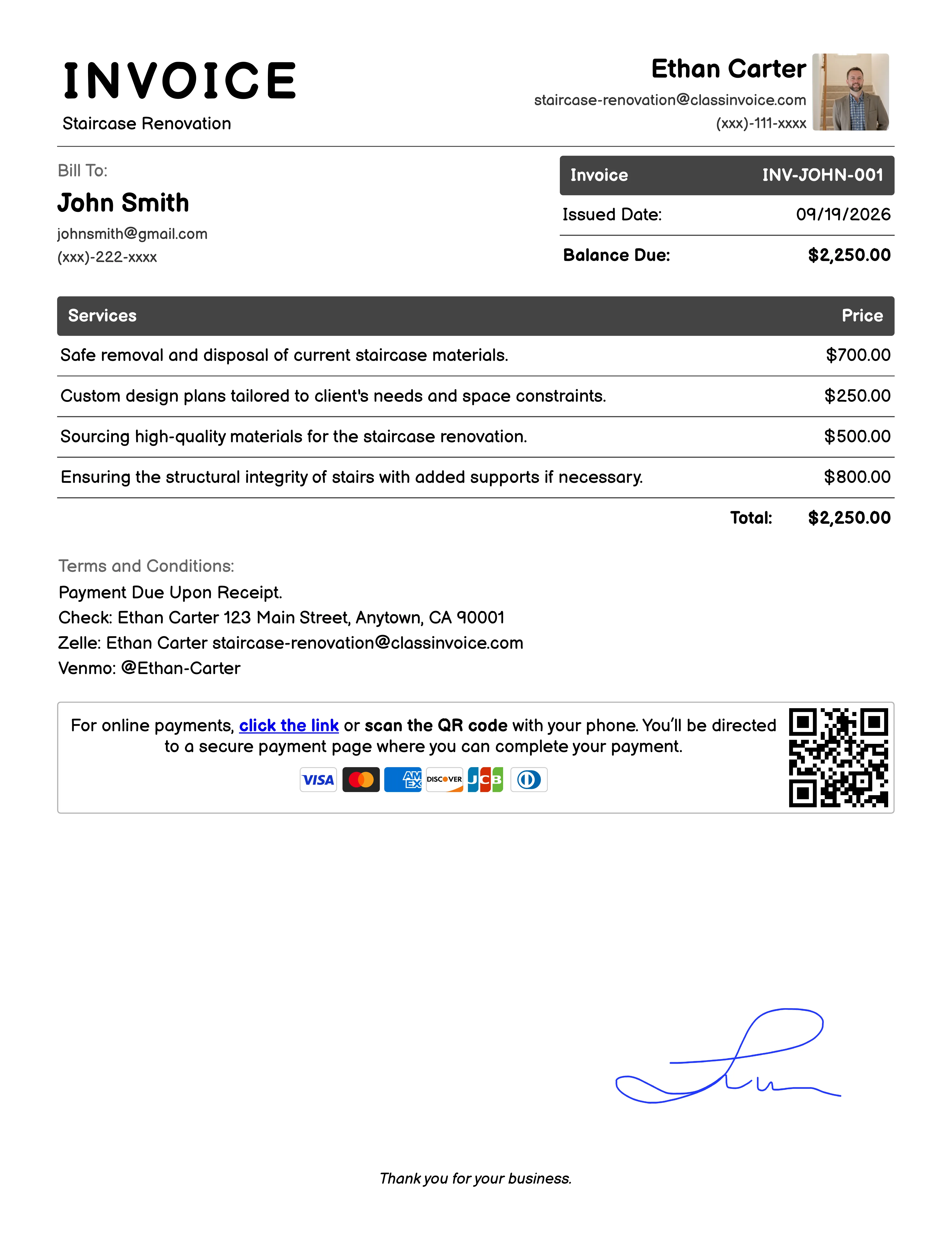 Staircase Renovation Invoice Example