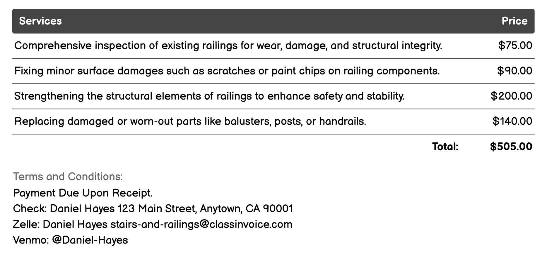 Railing Repair Services Invoice Example