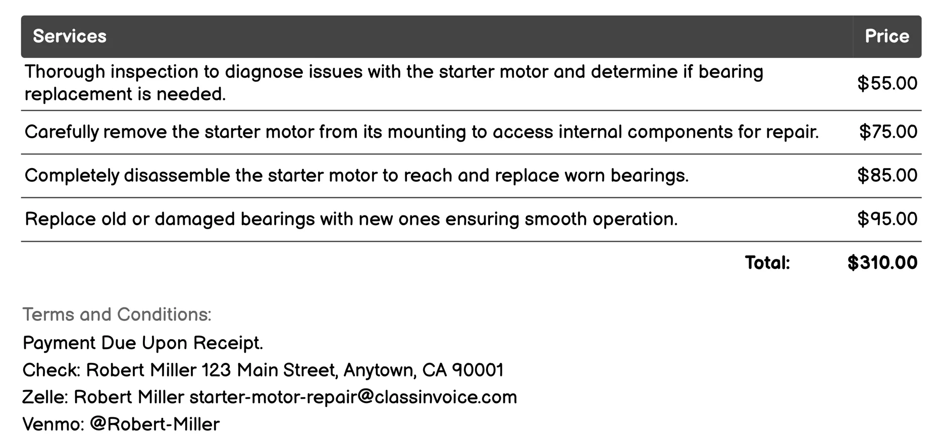 Bearing Replacement Invoice Example