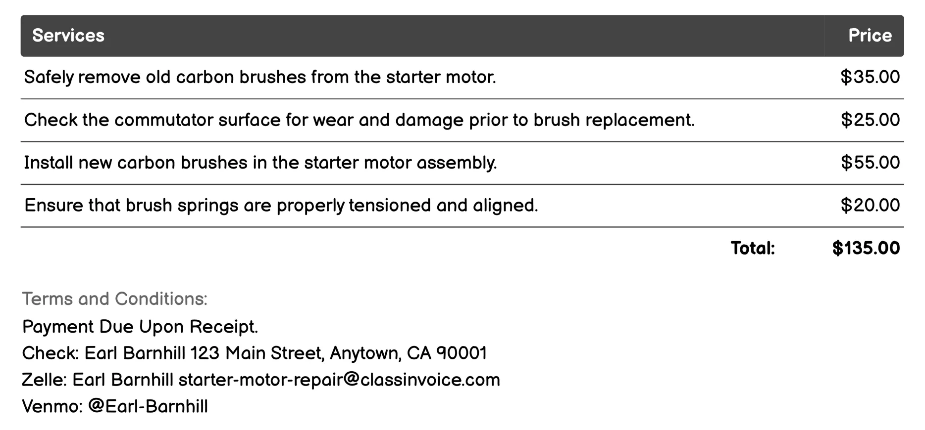 Brush Replacement Invoice Example