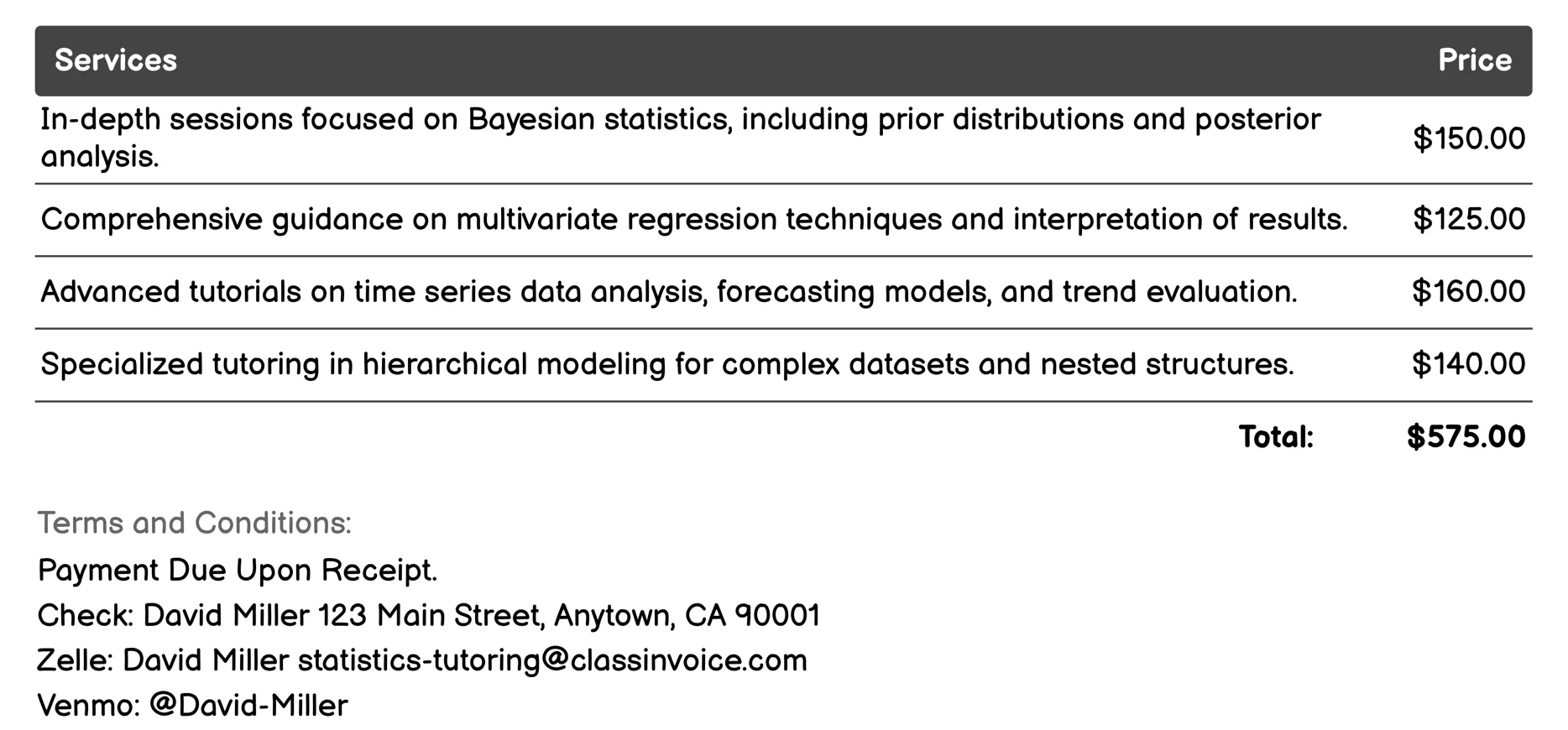 Advanced Statistical Methods Invoice Example