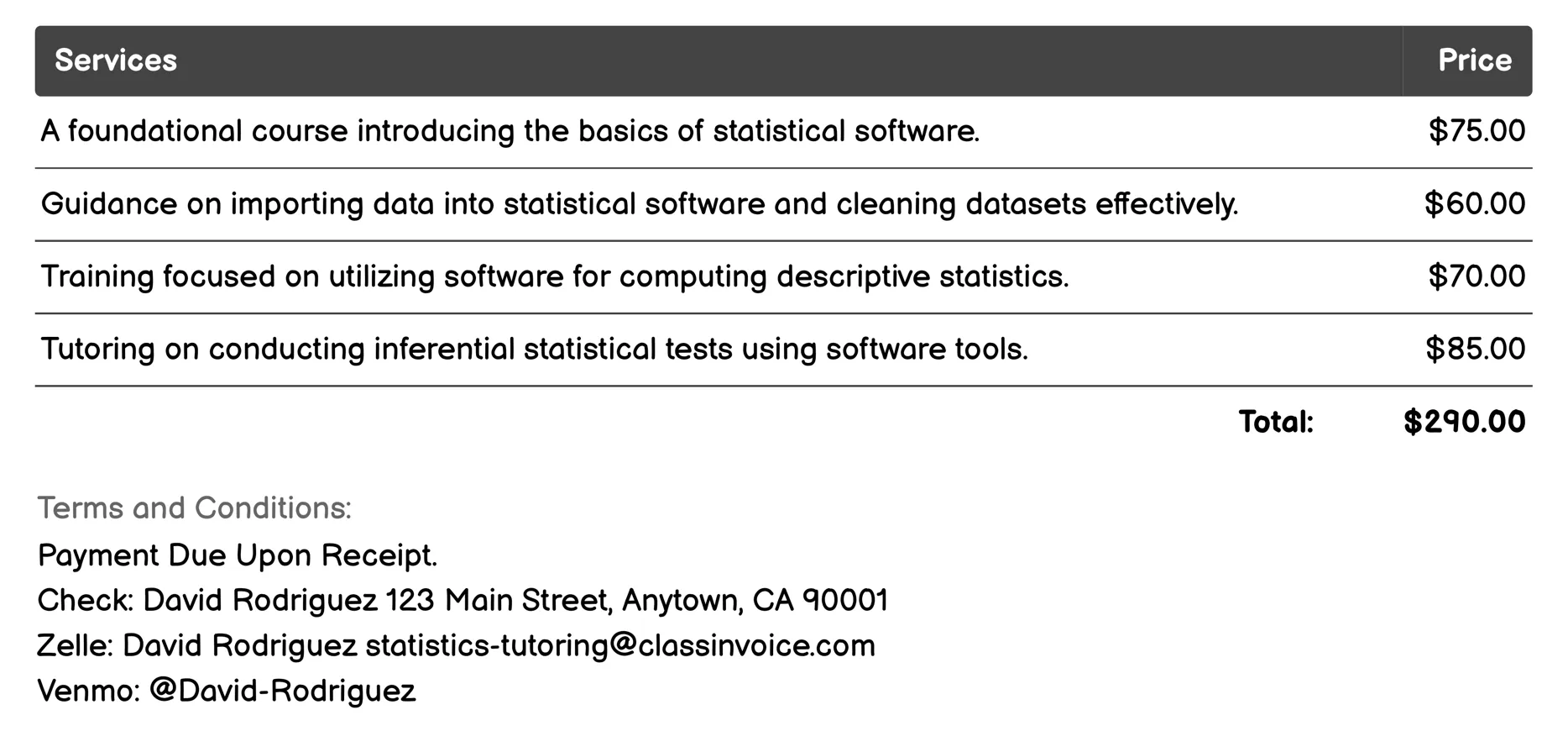 Statistical Software Training Invoice Example