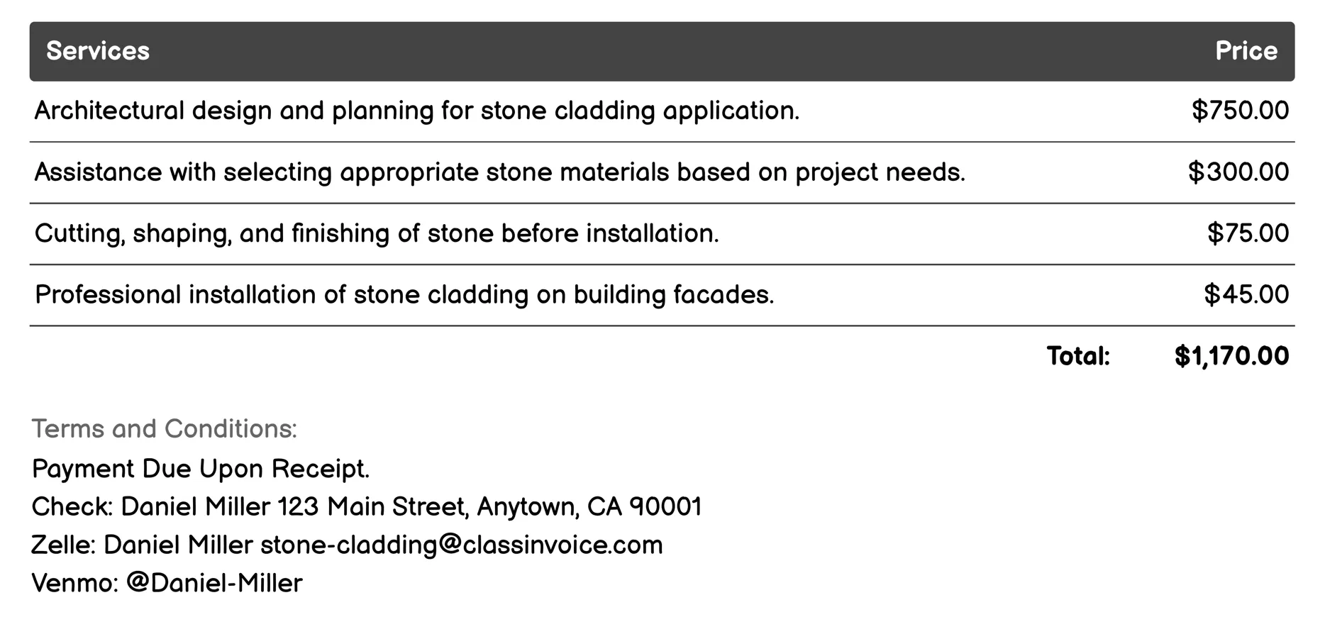 Architectural Stone Cladding Invoice Example