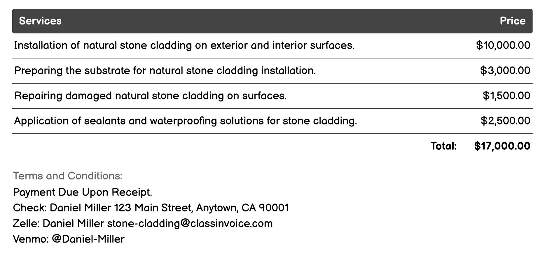 Natural Stone Cladding Invoice Example