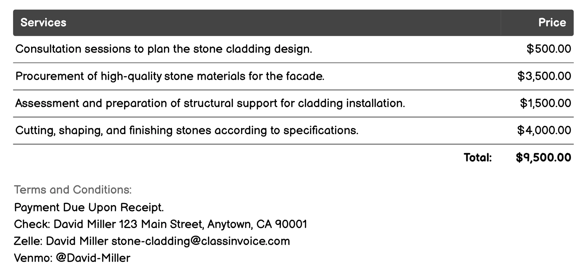 Suspended Stone Facade Cladding Invoice Example