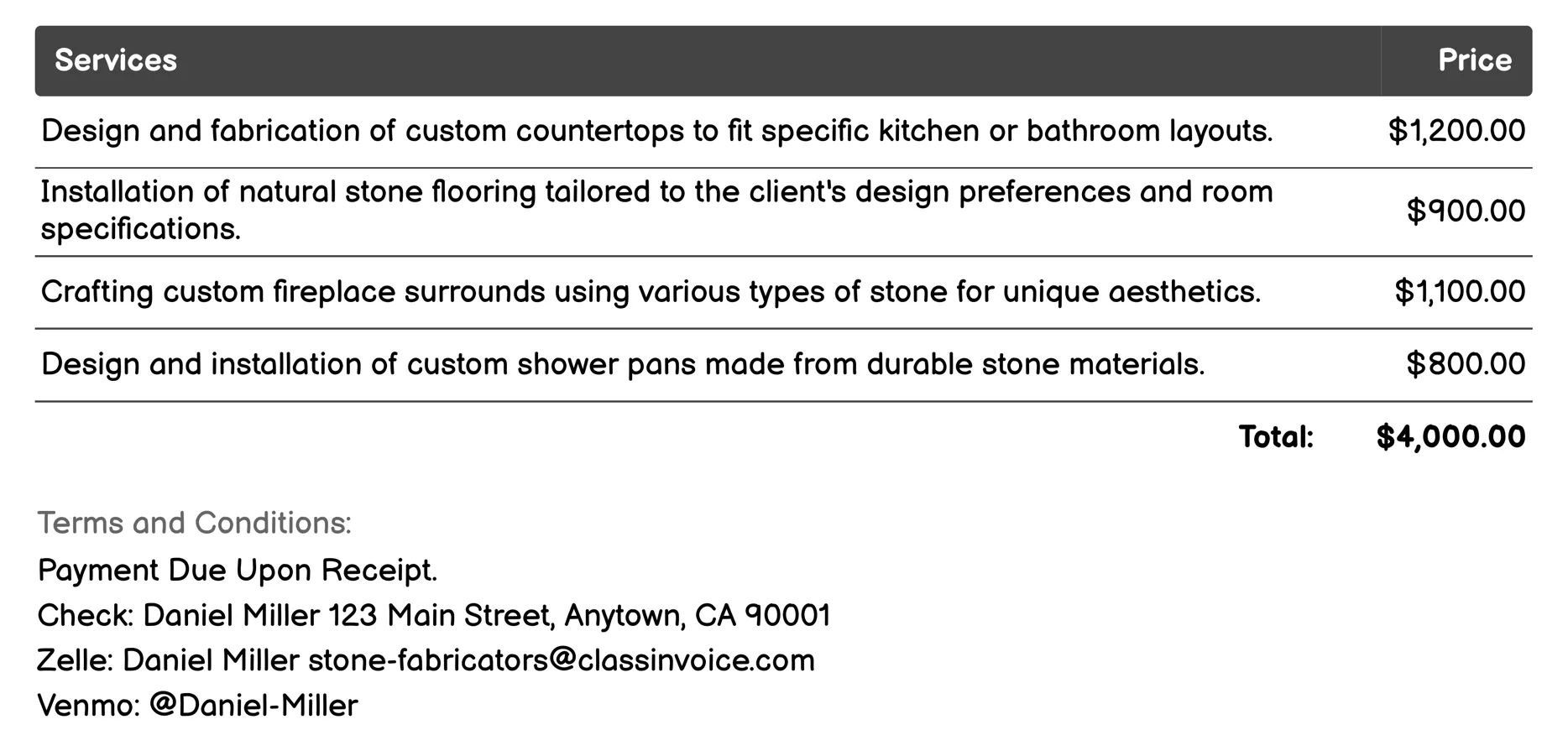 Custom Stone Molding Invoice Example