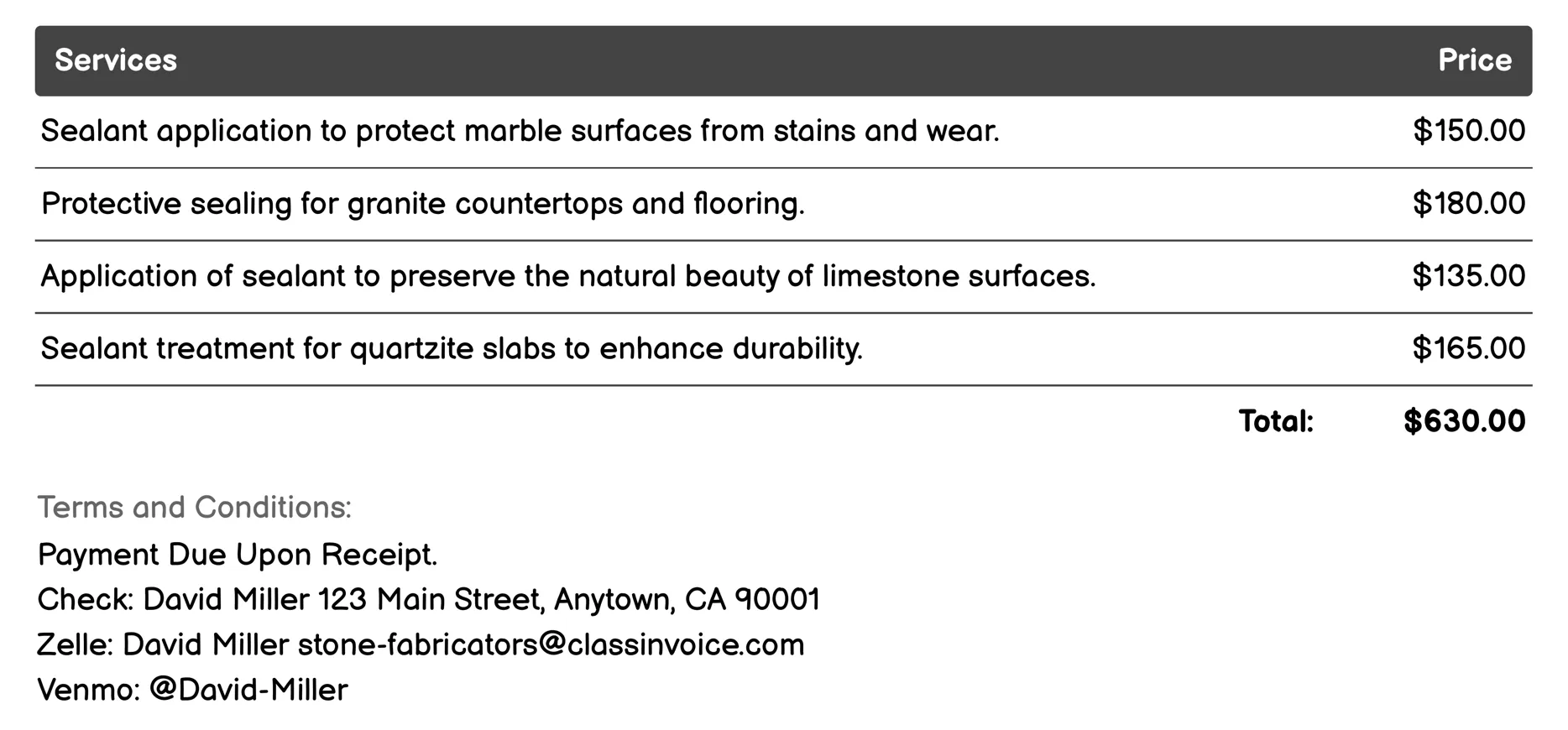 Stone Sealing Services Invoice Example