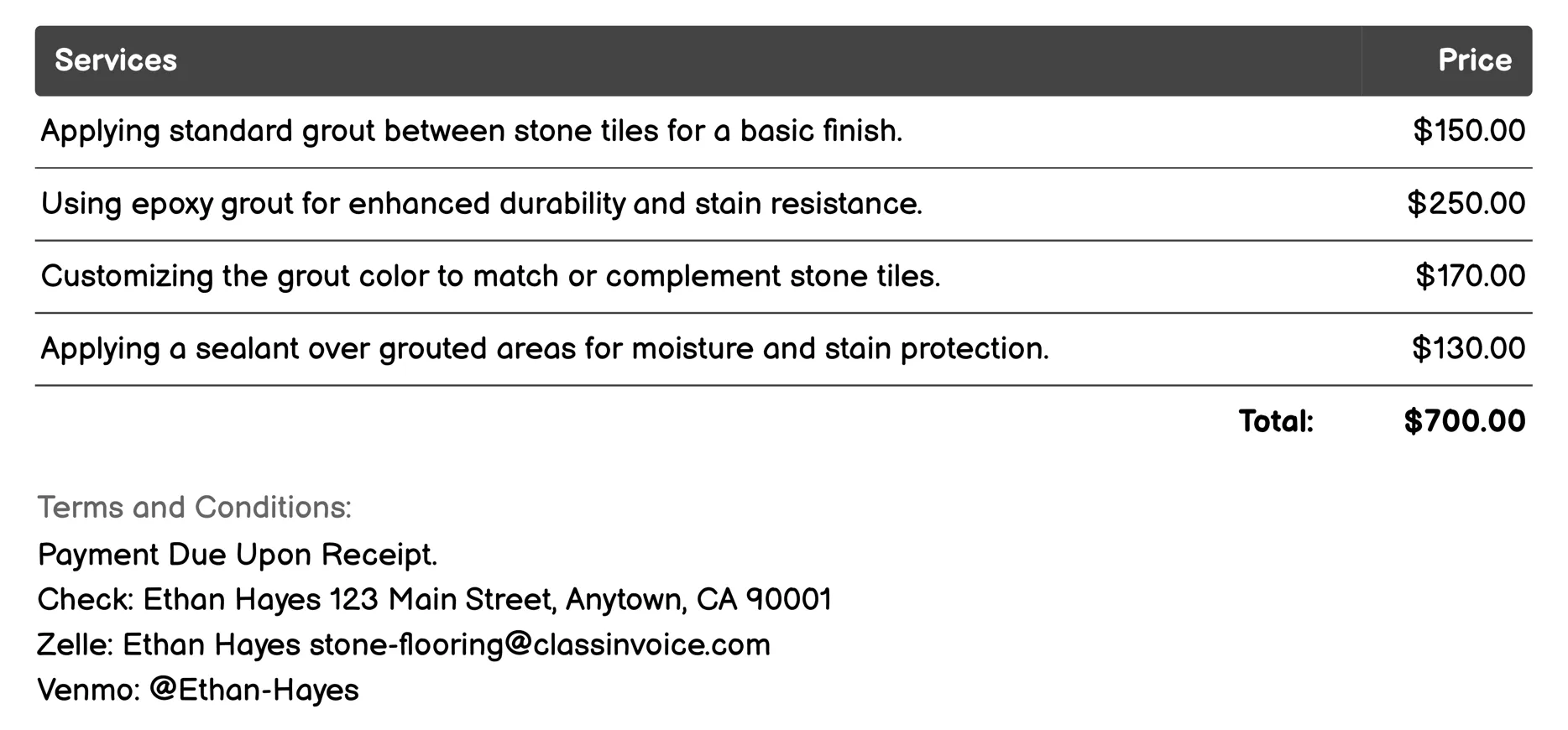 Grouting Invoice Example