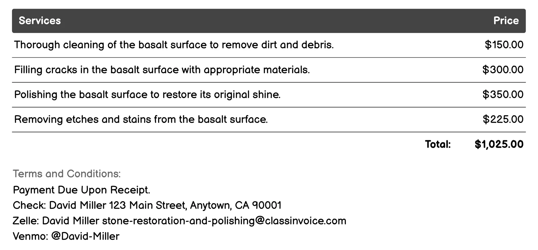 Basalt Surface Repair Invoice Example