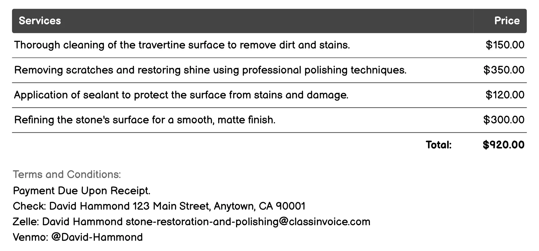 Travertine Sealing Invoice Example