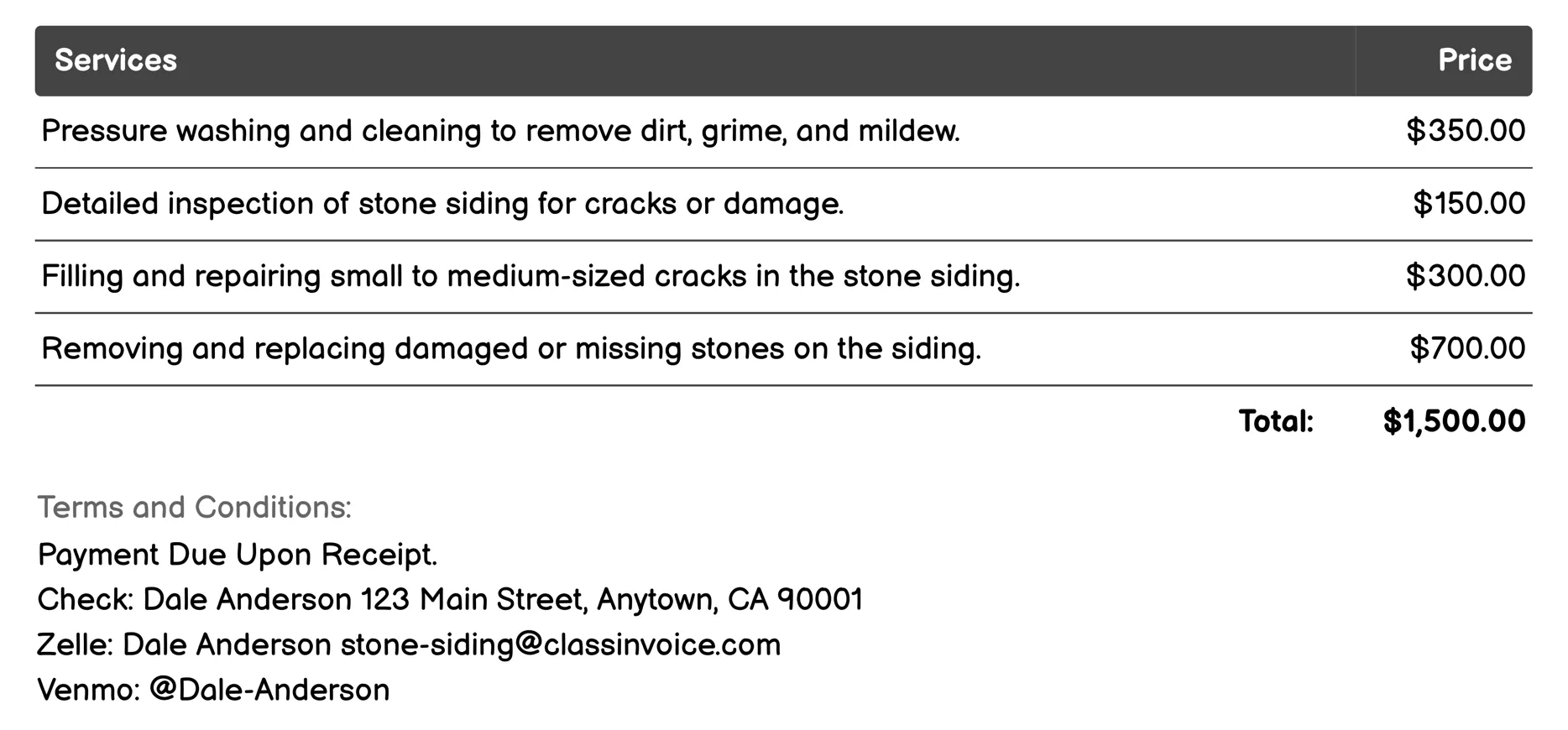 Maintenance Invoice Example