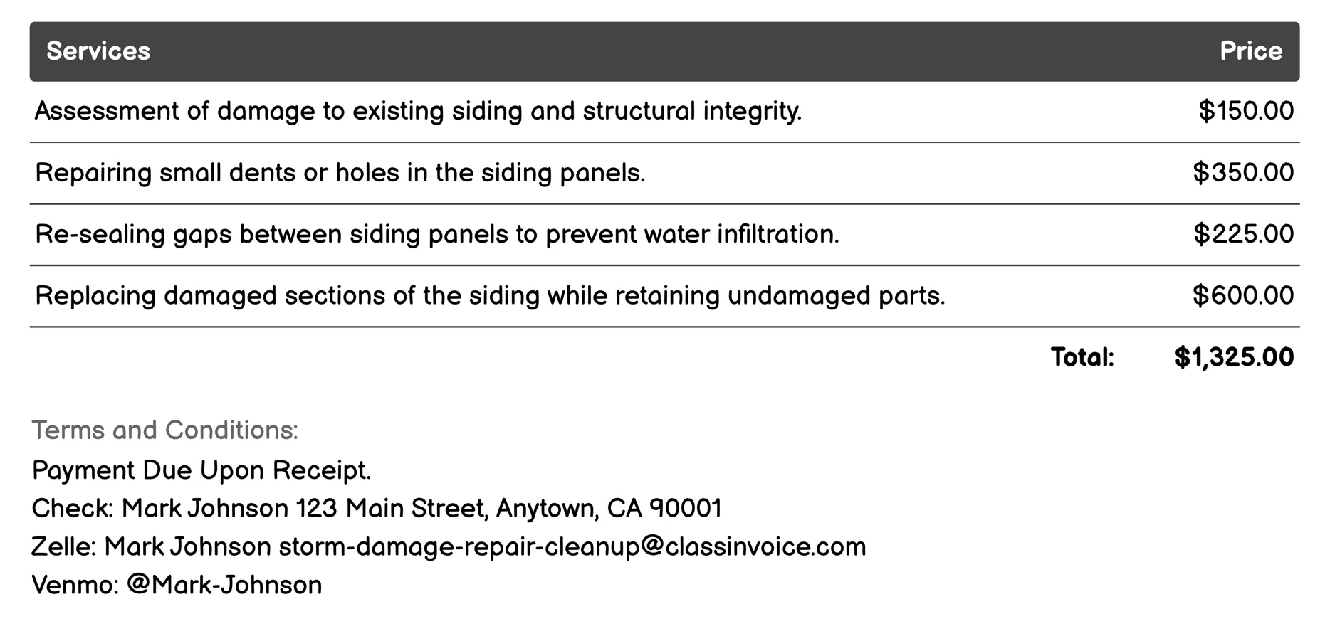 Siding Repair & Replacement Invoice Example