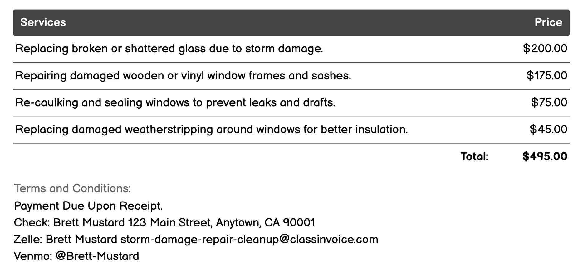 Window Repair & Replacement Invoice Example