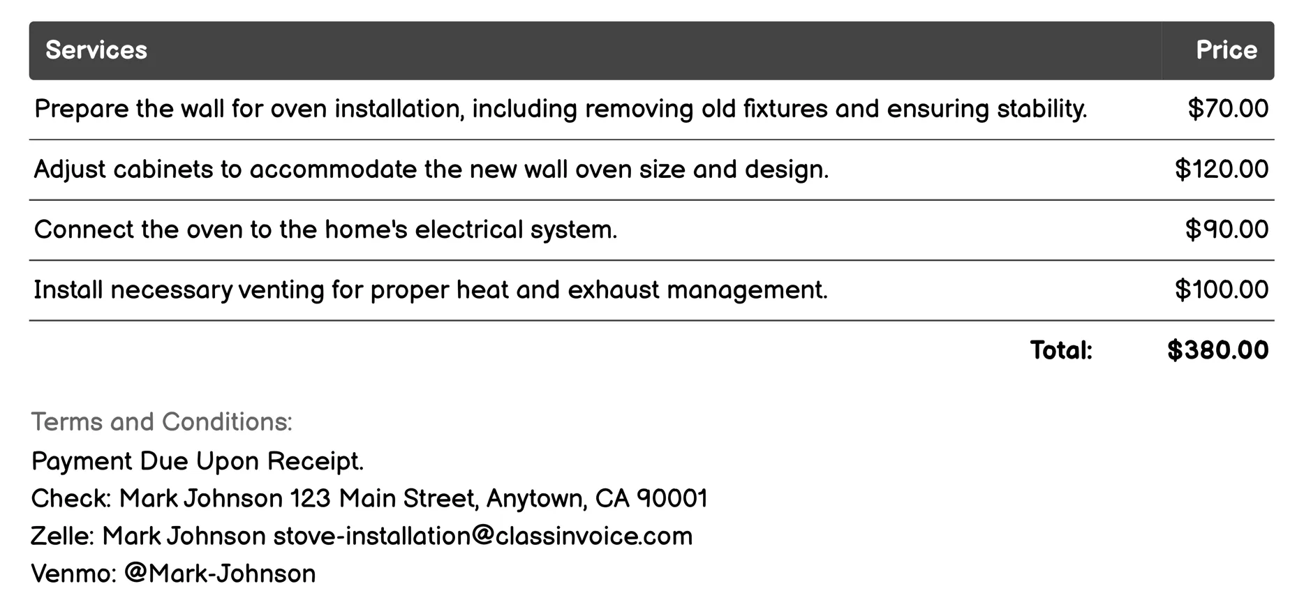 Wall Oven Installation Invoice Example