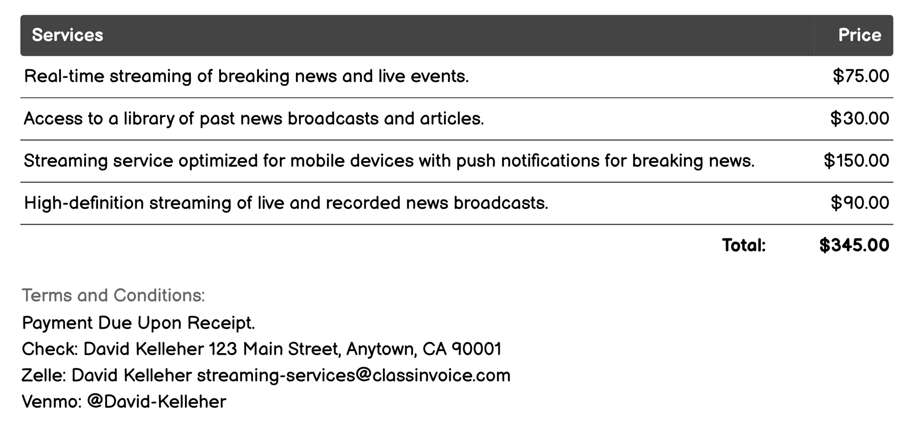 News Streaming Invoice Example