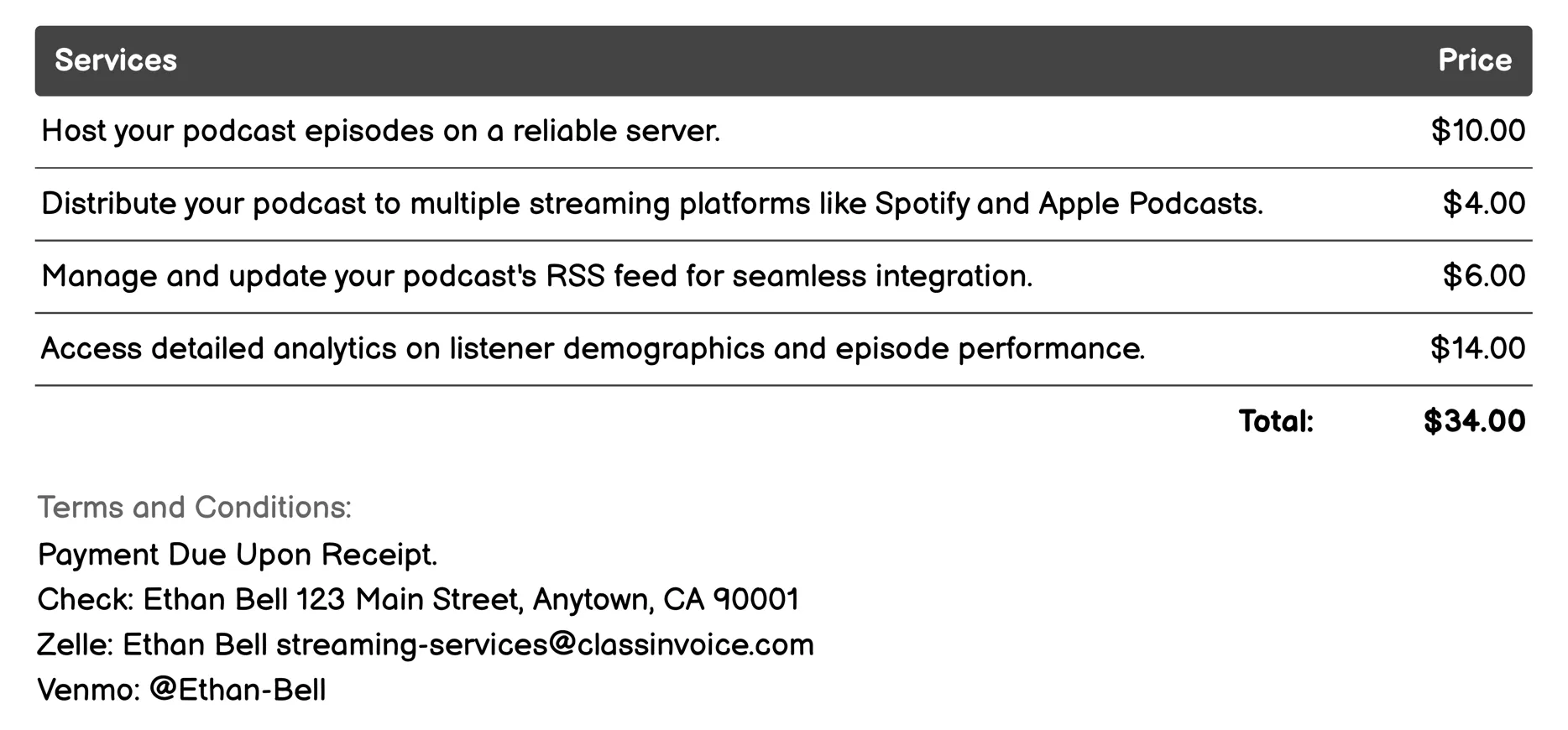 Podcast Streaming Invoice Example