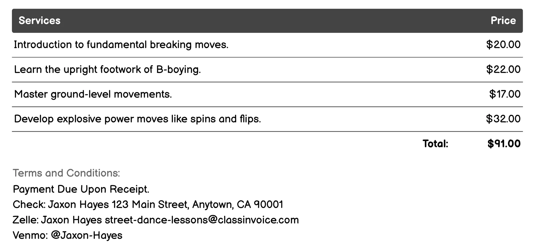 Breaking/B-Boying Lessons Invoice Example
