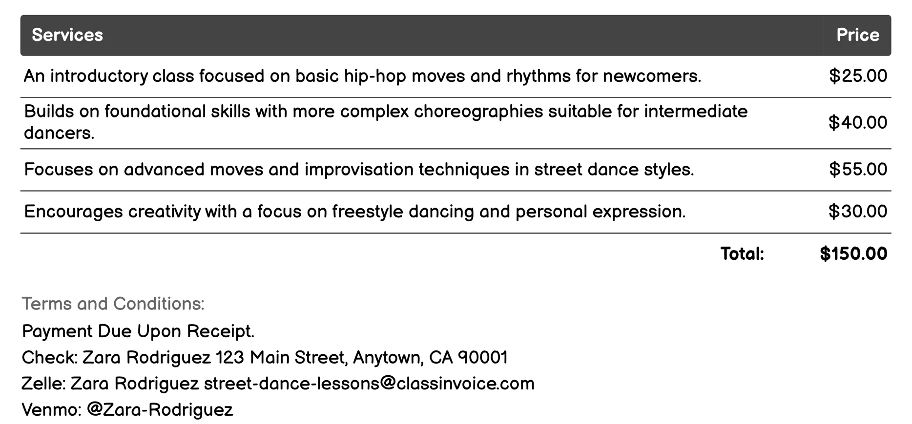 Hip-Hop Classes Invoice Example