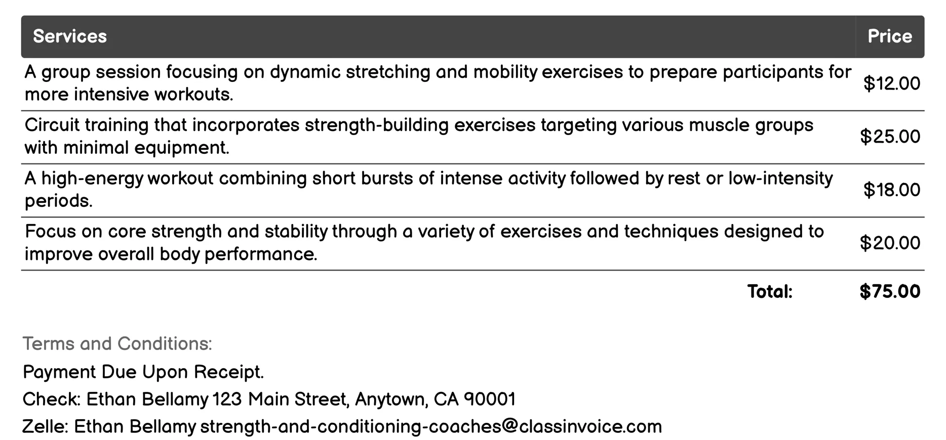Group Fitness Classes Invoice Example