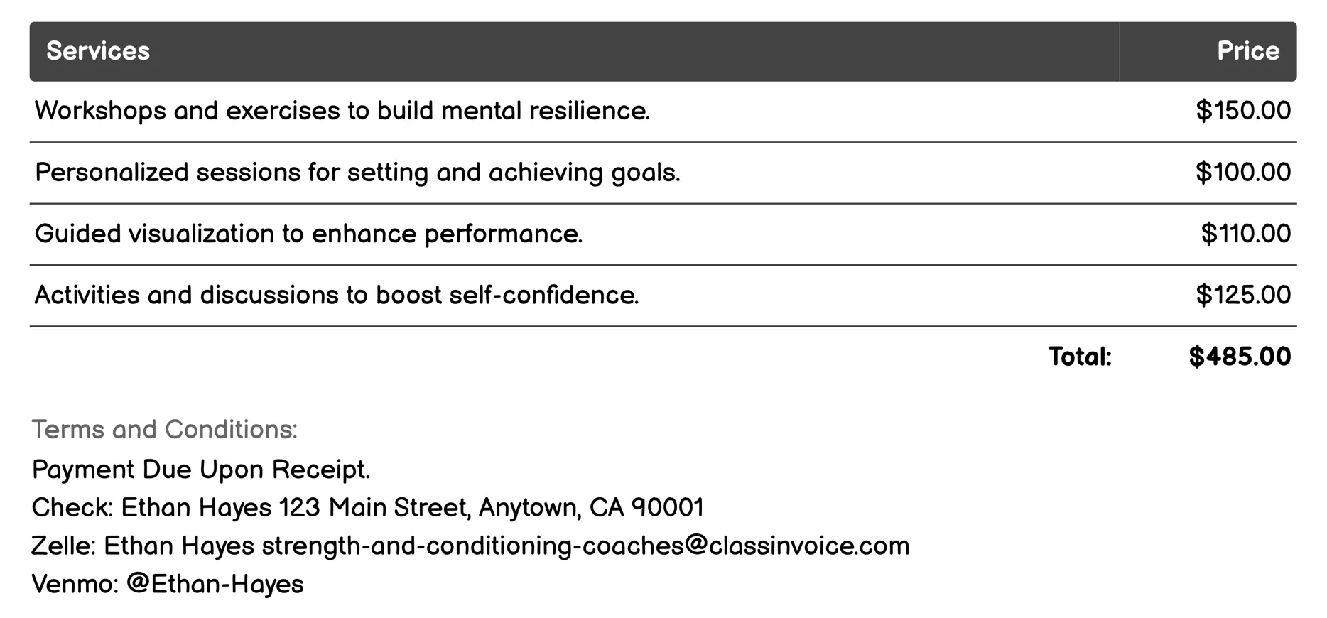 Mental Conditioning Invoice Example