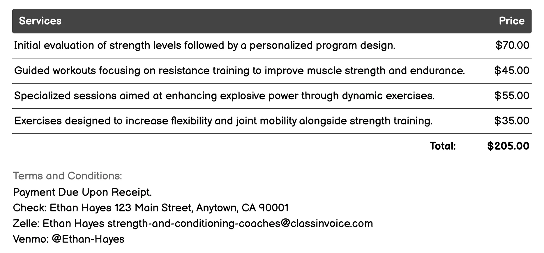 Personal Training Invoice Example