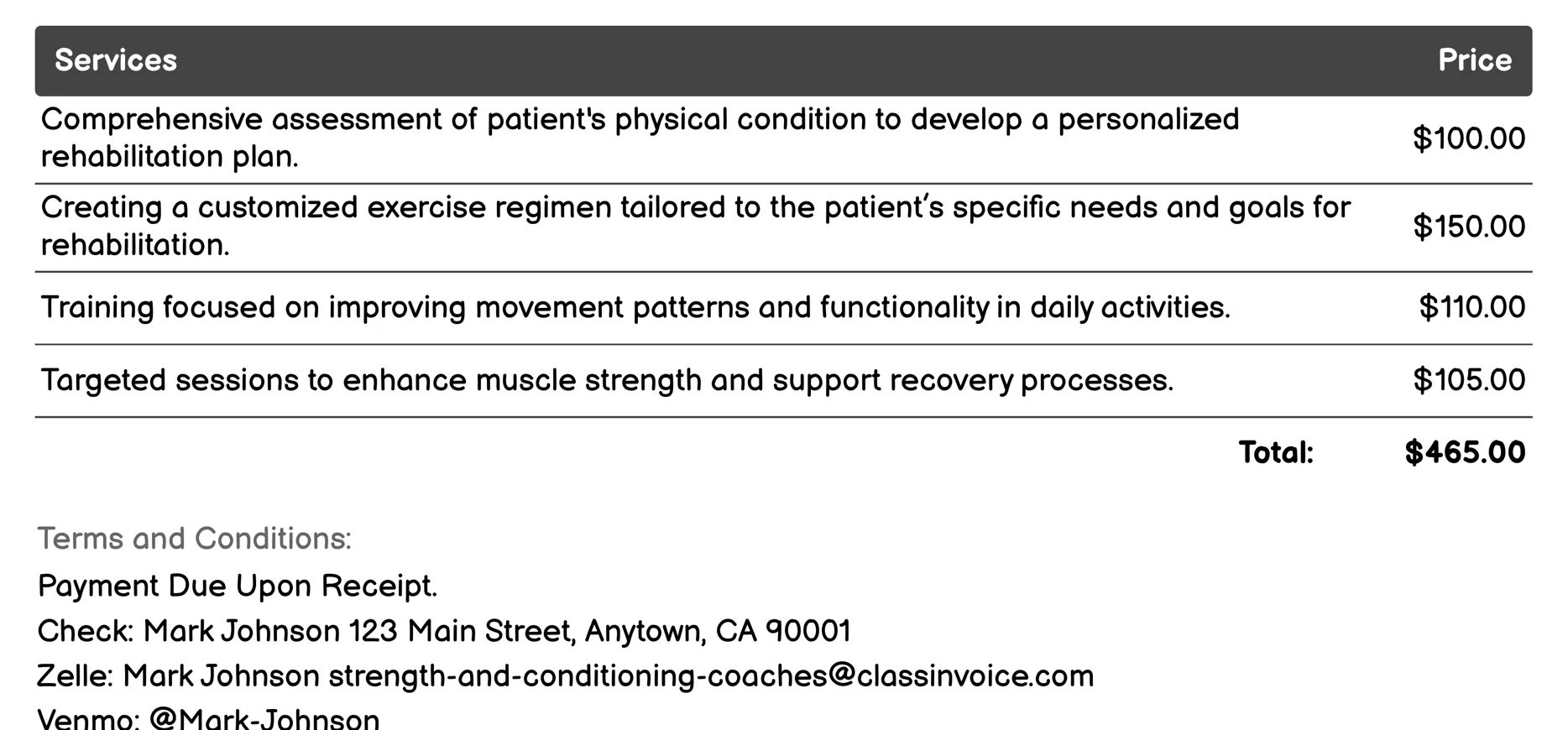 Rehabilitation Assistance Invoice Example