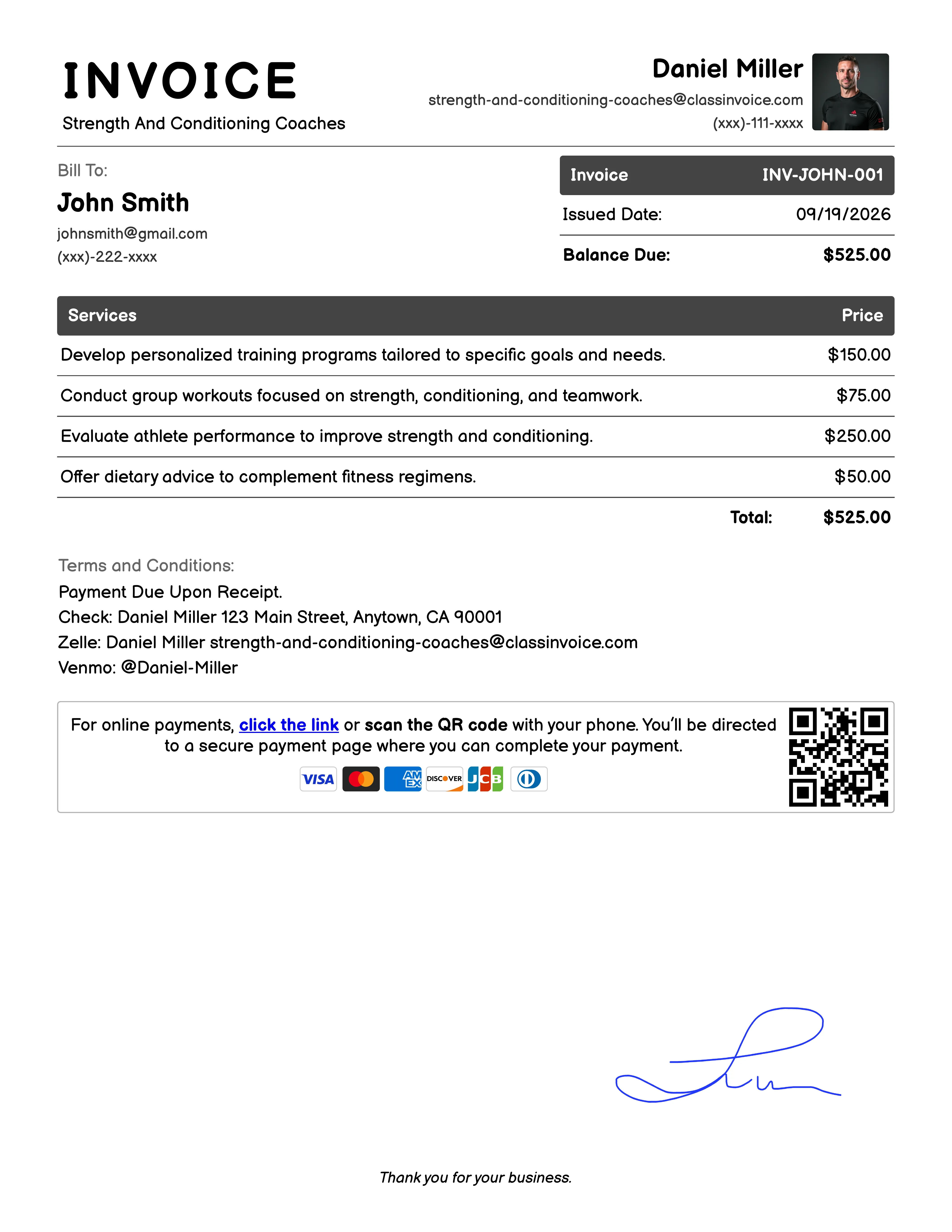 Strength And Conditioning Coaches Invoice Example