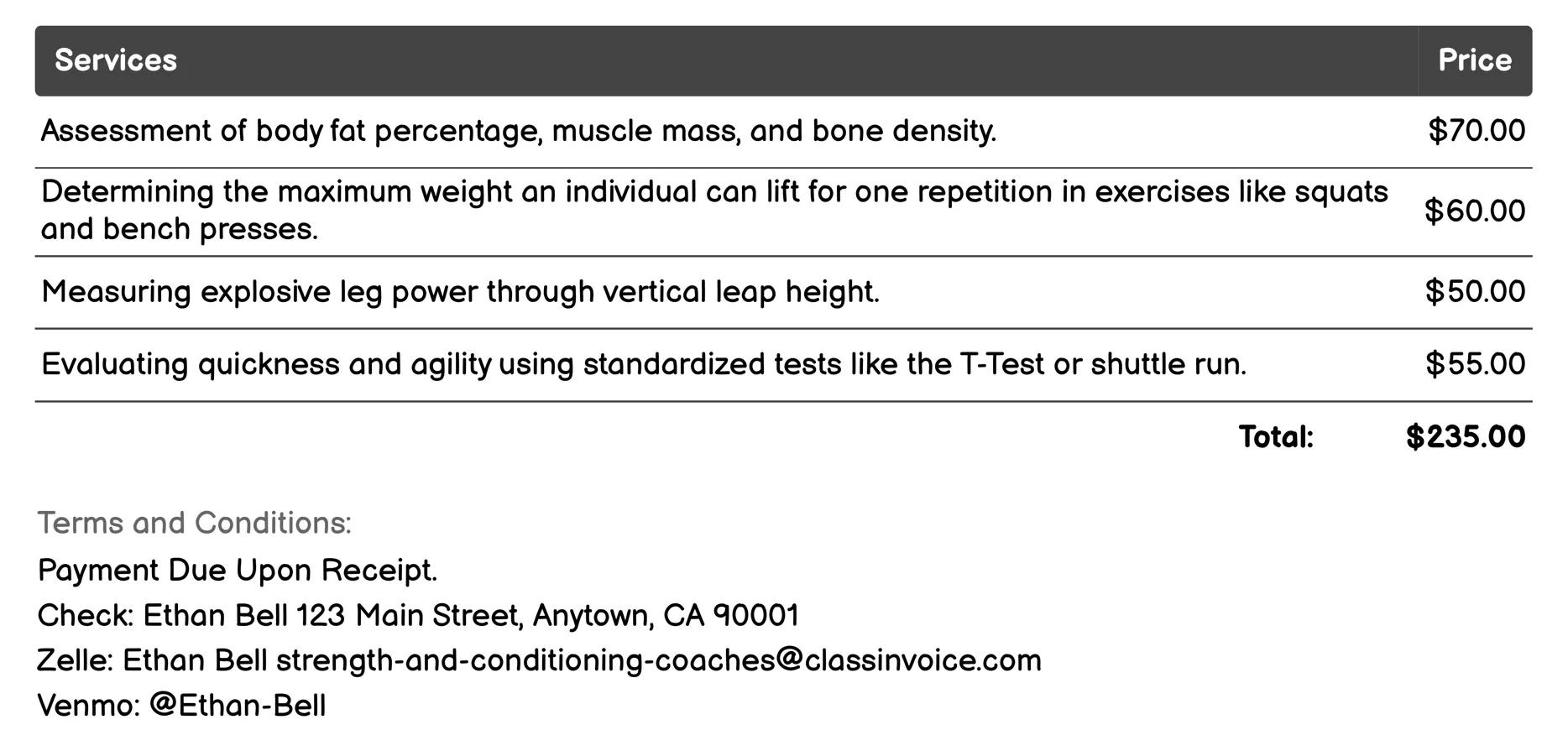 Strength Testing and Assessment Invoice Example