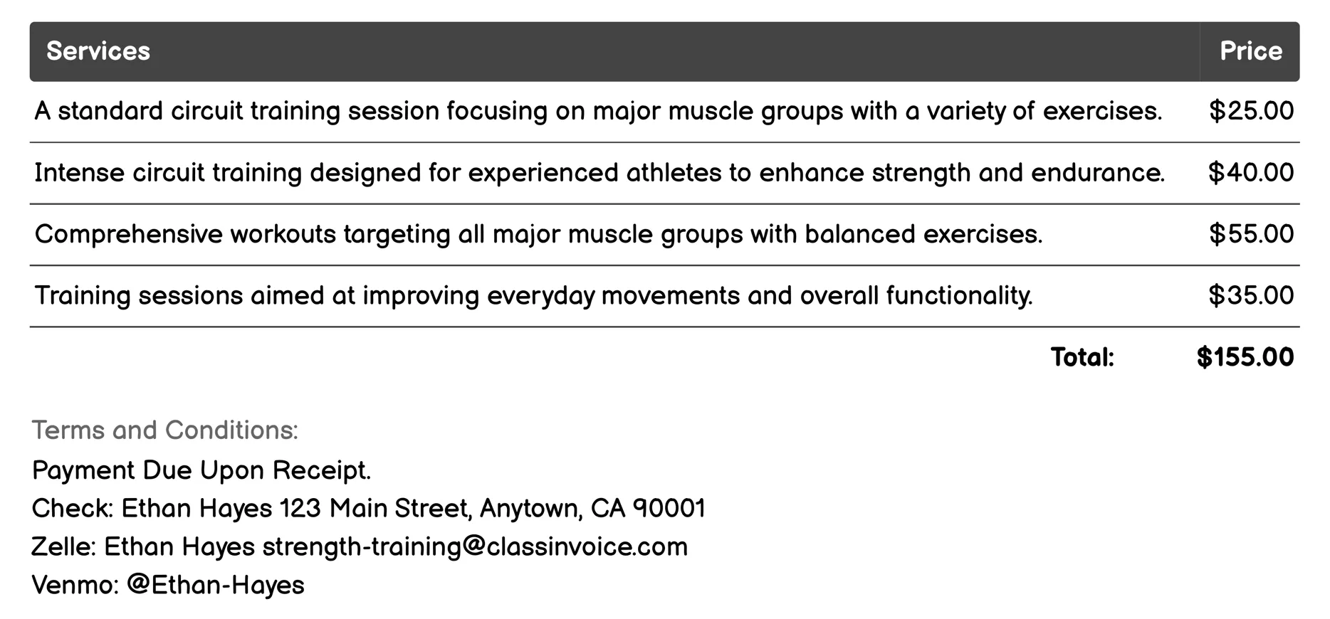 Circuit Training Invoice Example