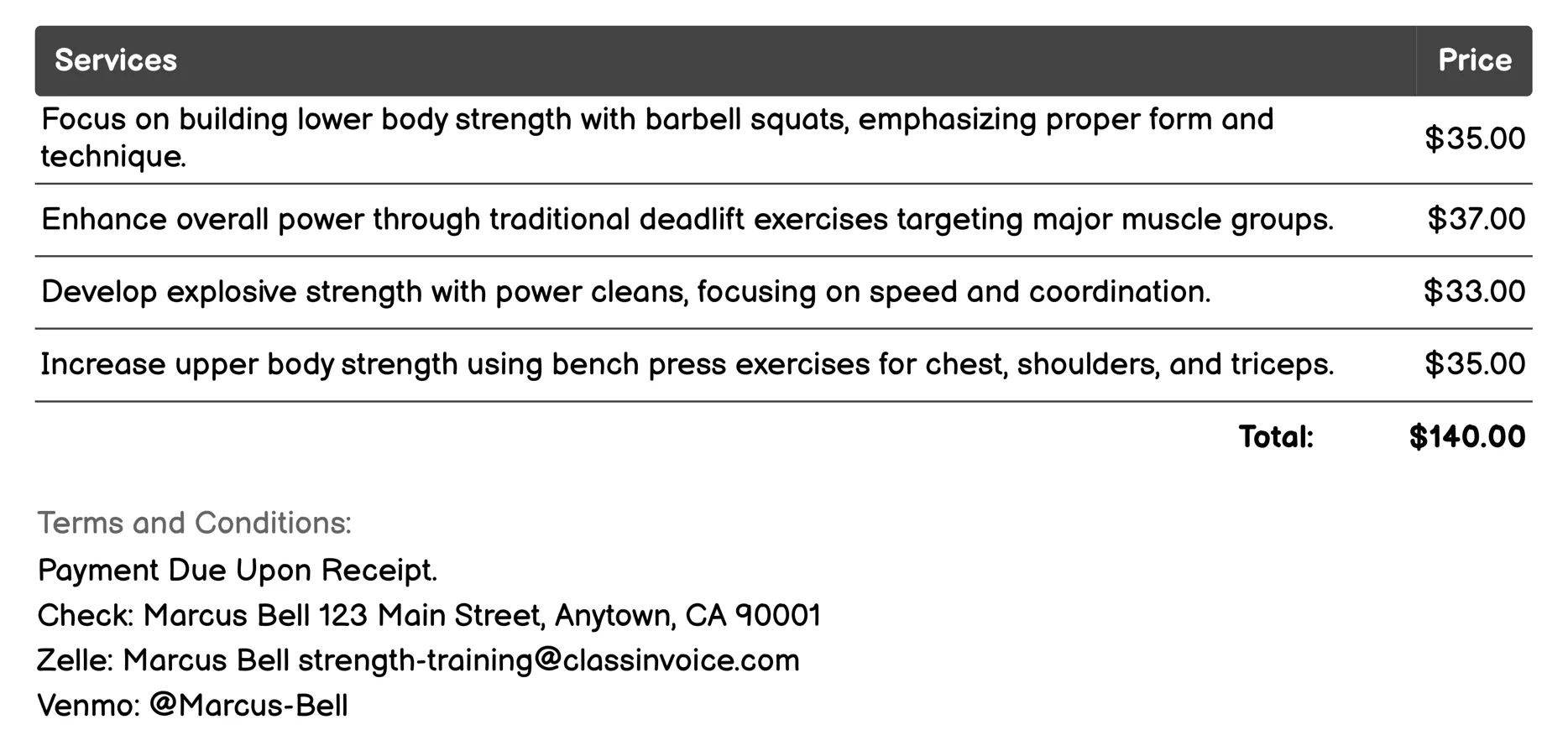 Power Training Invoice Example