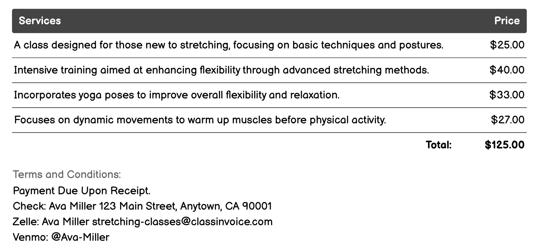 Athletic Flexibility Training Invoice Example